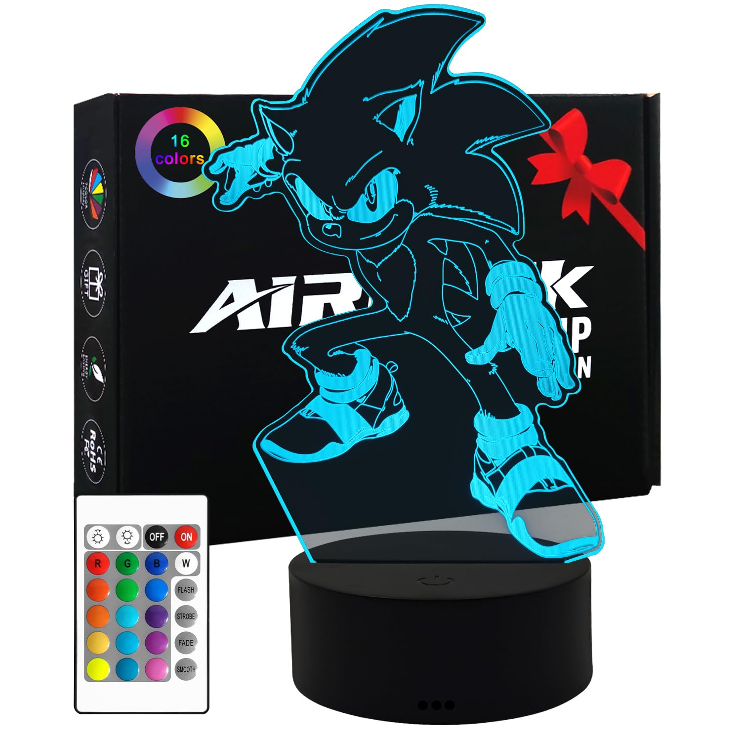 AIRUEEK Sonic Hedgehog Lampada 3D Luce Notturna Bambini-16 Variazioni Colore 1 Telecomando-Decorazione Regali Anime Gadget Per Bambino Ragazzo sonic Fans