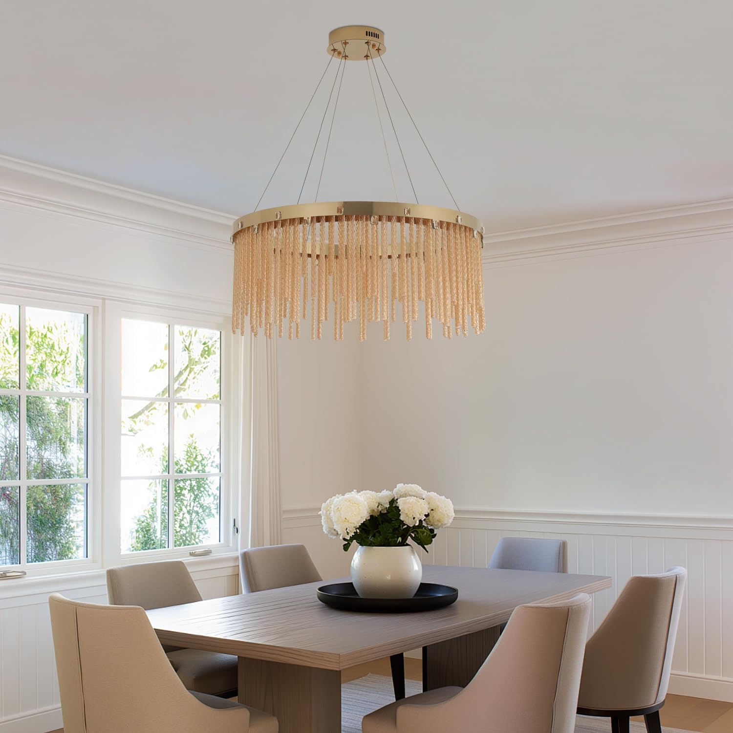 23.6" LED Chandelier for Dining Room Table, 120W Dimmable Round Champagne Gold Crystal Light Fixture, Adjustable Height Foyer Ceiling Lamp with Remote & App, 3000K-6000K Stainless Steel