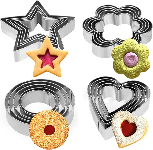Crethink 20 Pieces Mini Cookie Cutters Set Biscuit Cutters Pastry Cutters-Star Heart Flower Round Stainless Steel Cookie Cutter for Baking.