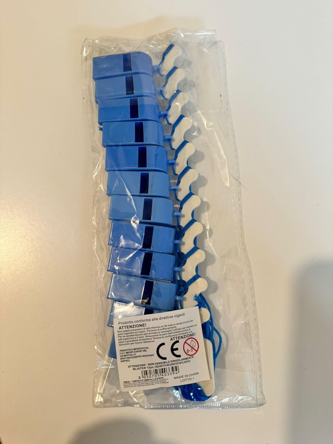 NARAMAKI® Napoli Kit of 12 Blue Plastic Whistles with Rope - Tifo Football Championship (FISCHIETTI)