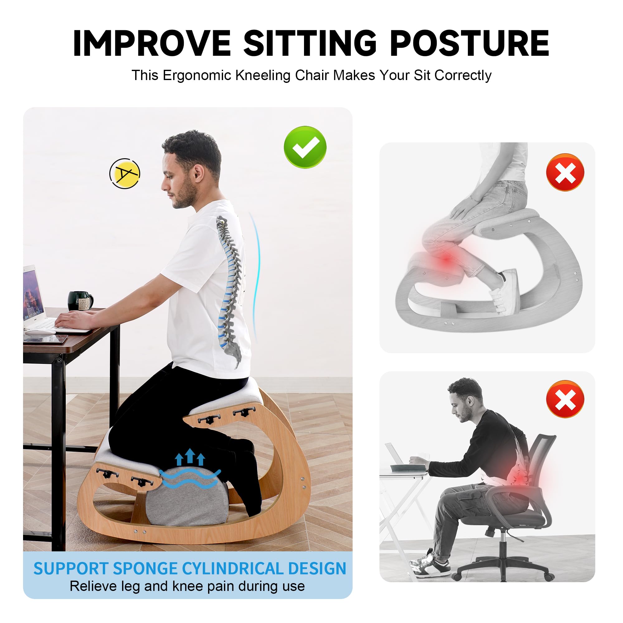 Sedia Ergonomica per Ginocchia Regolabile – Inginocchiatoio in Legno per Ufficio, Meditazione e Sollievo Mal di Schiena (Quercia Bianca)