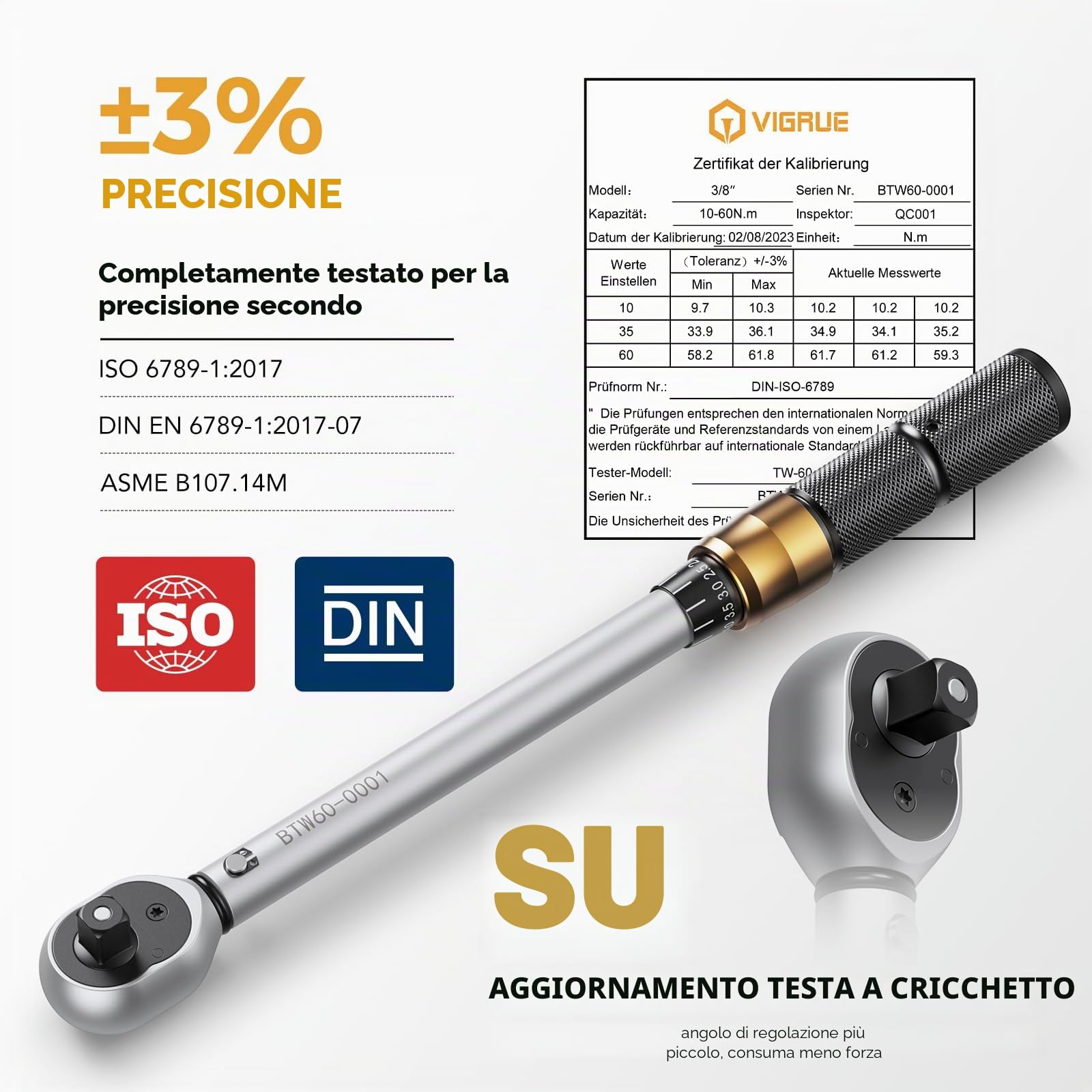 VIGRUE Chiave dinamometrica bicicletta 3/8 pollici, chiave dinamometrica 10-60 Nm ±3% di precisione di errore con asta di prolunga, giunto universale, manicotto per candela, punte per bicicletta, moto