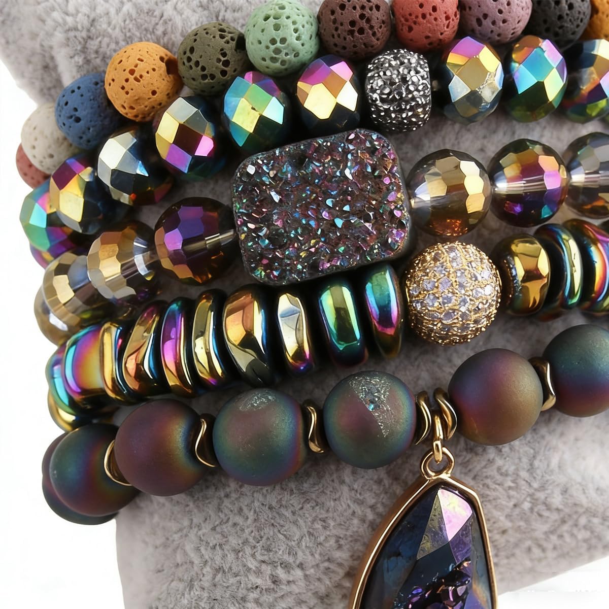 ZOSOJONA 5Pcs Boho Stackable Beaded Bracelets with Crystal Agate Pendant, Stretch Elastic Charm Bracelets for Women Jewelry Gifts - Image 3