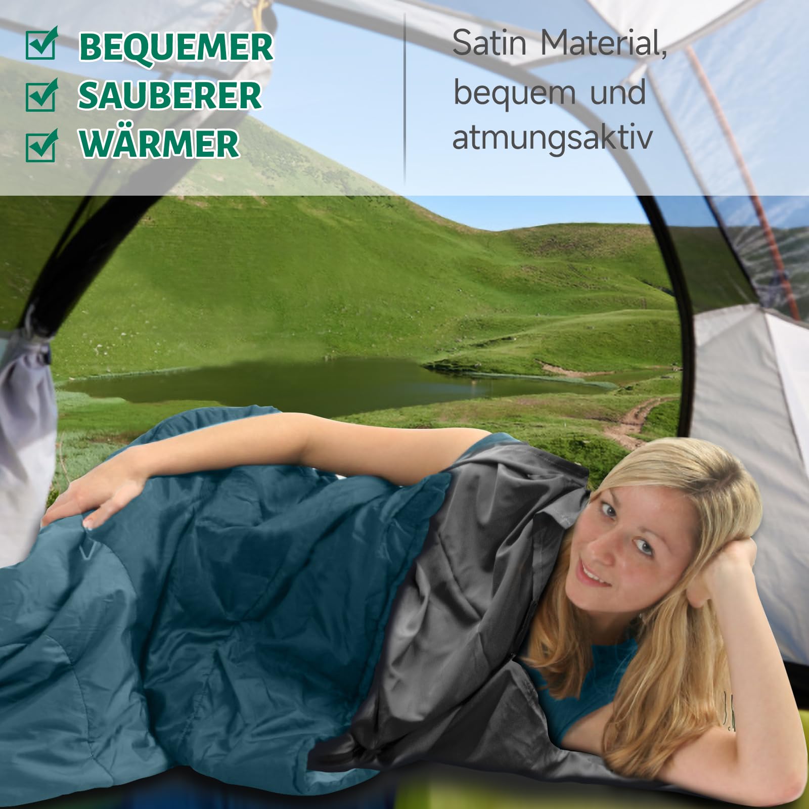 Hüttenschlafsack Ultraleicht aus Satin,Dünner Schlafsack Inlett mit Zwei-Wege-Reißverschluss,Reise-Schlafsack Ideal für Hostel und Backpacking Must Haves,Wandern Zubehör