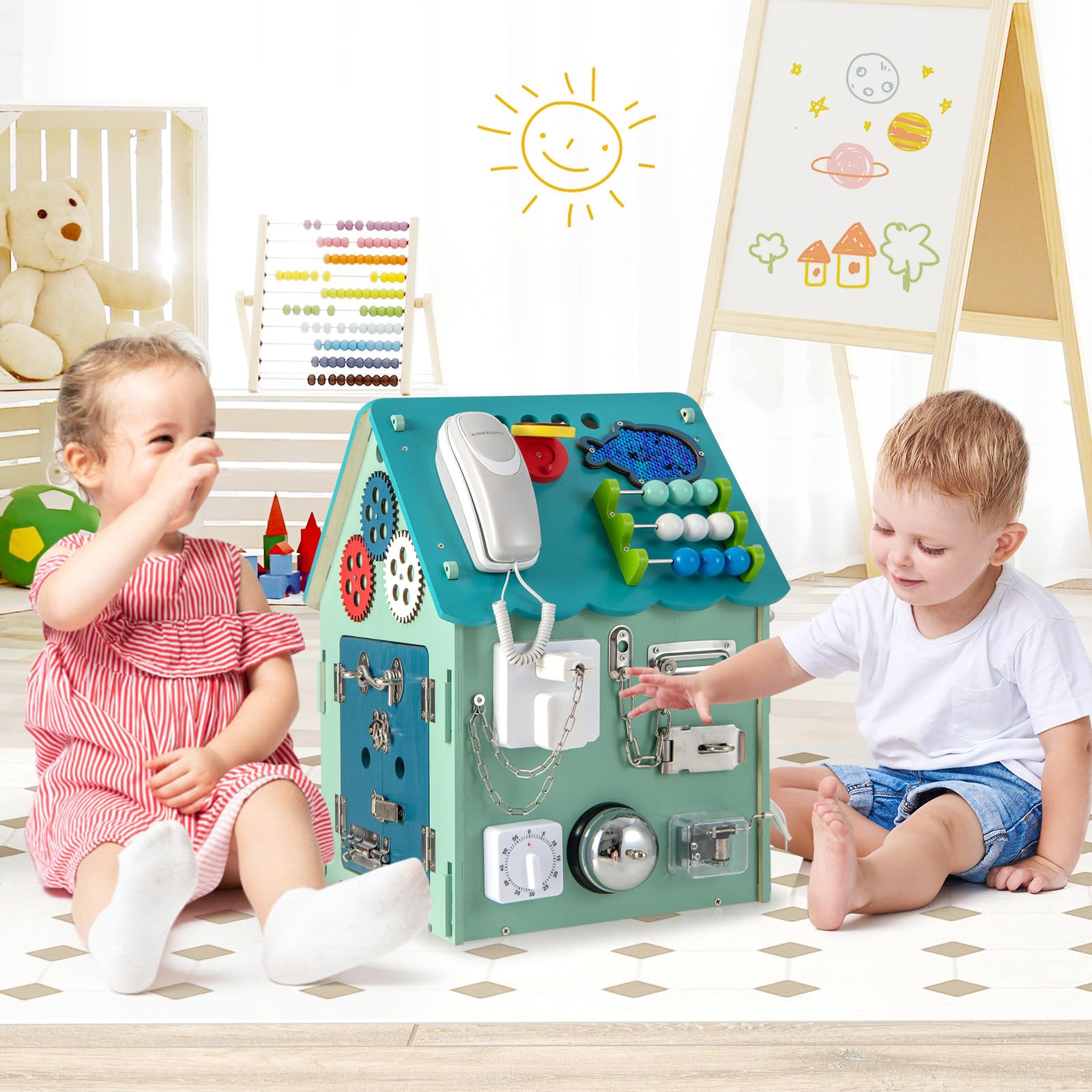 RELAX4LIFE Giochi Montessori Busy House in Legno, Casetta di attività Occupato Montessori per Bambini, Giocattolo Sensoriale e Educativo per 1/2/3/4/5 Anni(Blu)