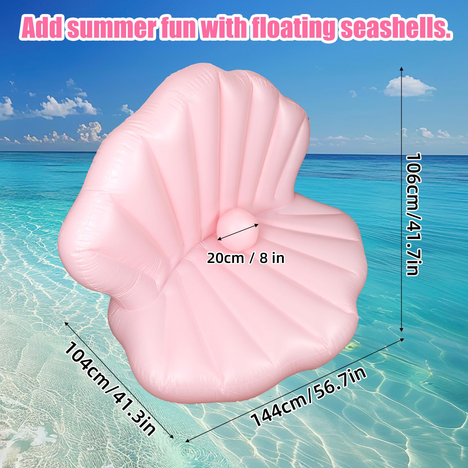 BOXOB Bouée Piscine Coquillage 144cm, Bouée Plage Géante Gonflable Renforcée en Forme Coquillage avec Boule Perle pour Bronzer Enterrement Vie Jeune Fille Décoration Fête Piscine (Rose)