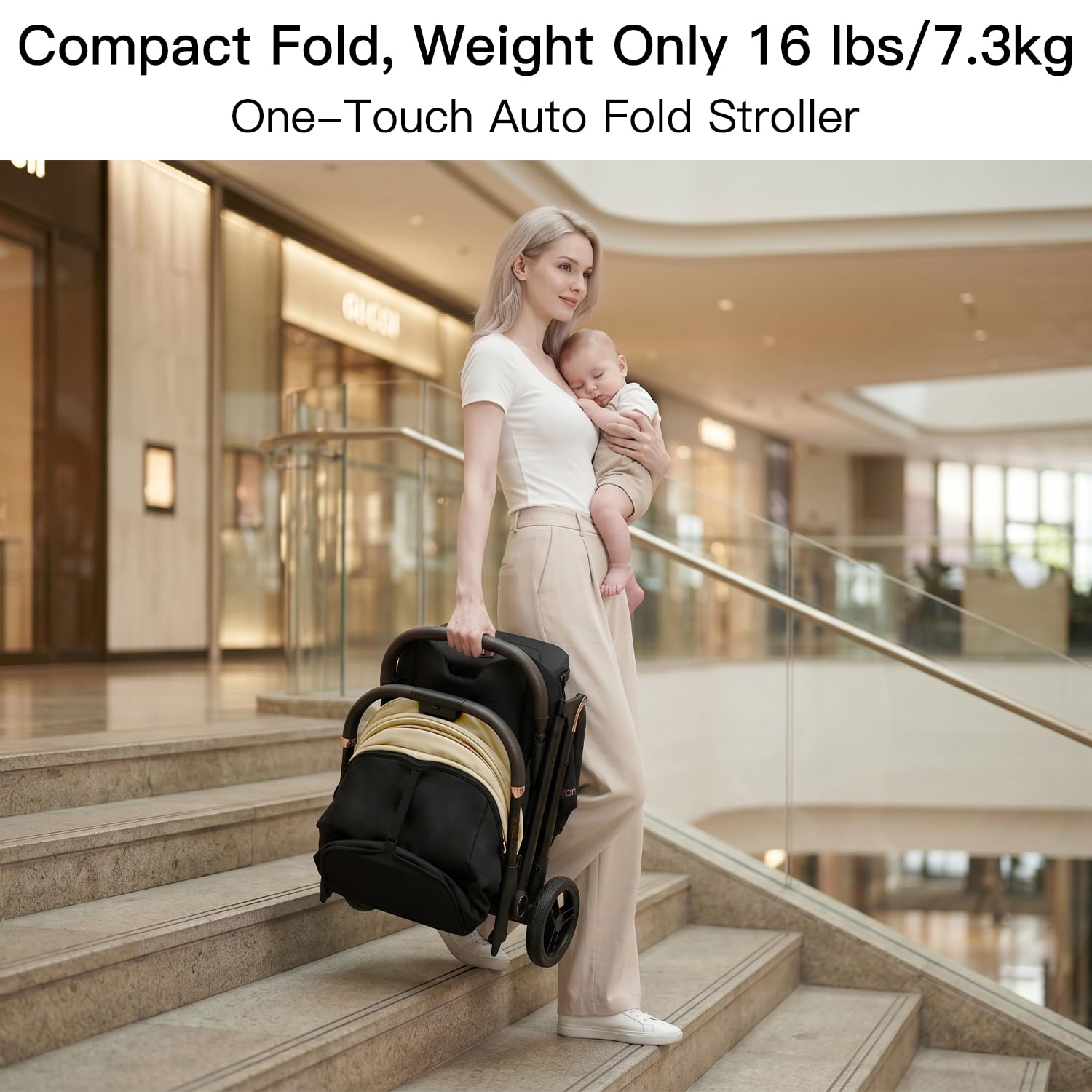 Gromast Gravity Poussette de bébé pliable, Poussette de voyage portable pour nourrisson avec dossier réglable & pare-soleil, légère et protégée des UV, pliage automatique à une main, Beige