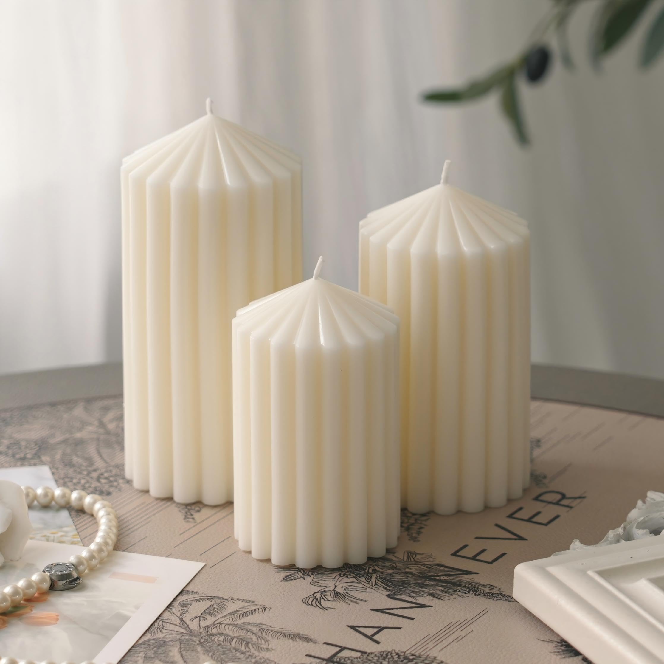 Photo 1 of NEWLIGHTURE White Ribbed Pillar Candles 3 Pack, Soy Wax Unscented Candle