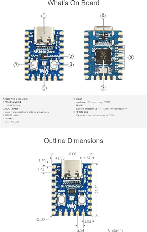 RP2040-Zero Based On for Raspberry Pi Microcontroller RP2040 Low-Cost High-Performance Pico-Like MCU Board USB-C Connector