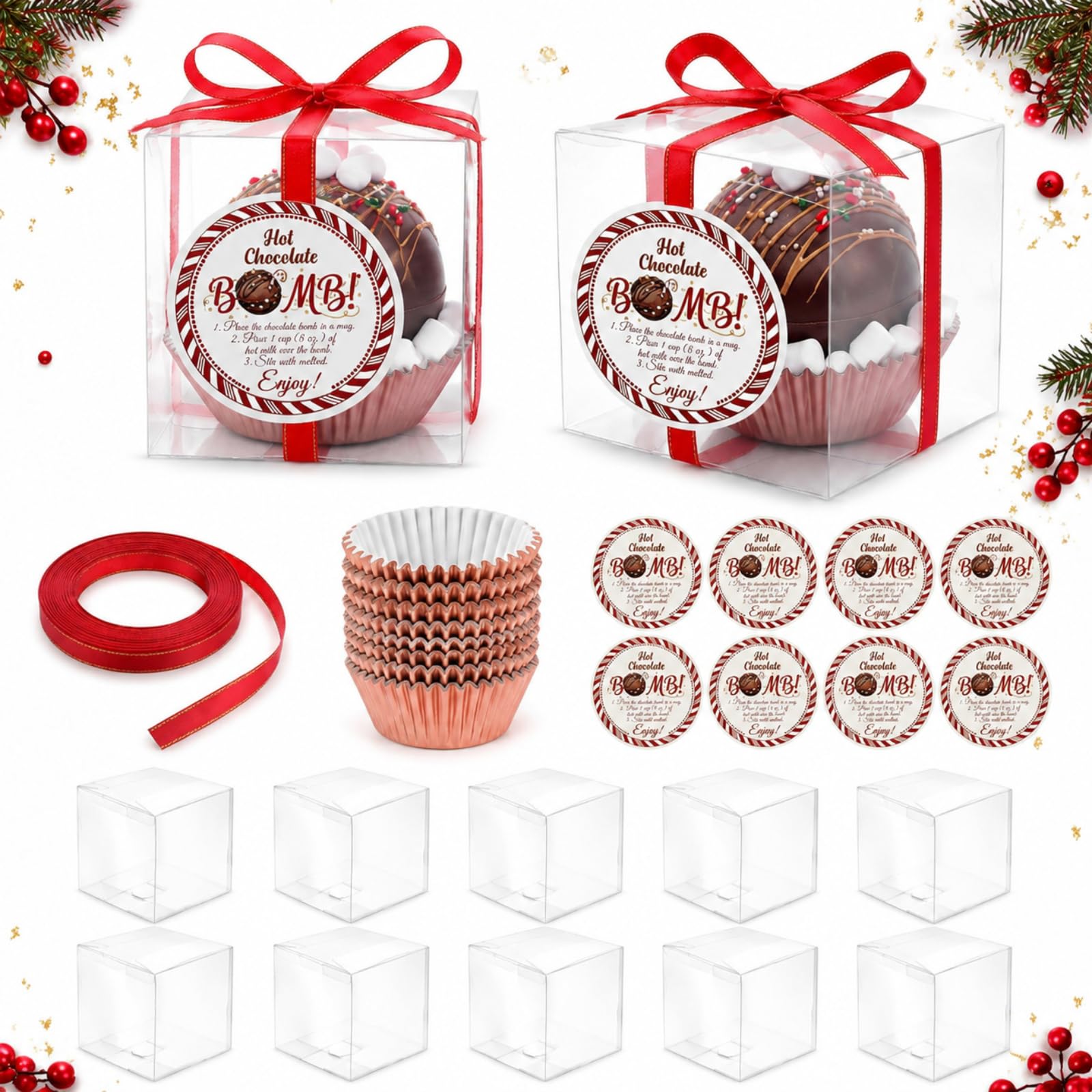 Gueevin 50 Sets Christmas Hot Cocoa Bombs Party Favors Clear Cube Boxes Gold Foil Liners Instruction Stickers Red Satin Ribbon Chocolate Bomb Gift Wrapping for Baking Xmas DIY Wrapping Gift(White)