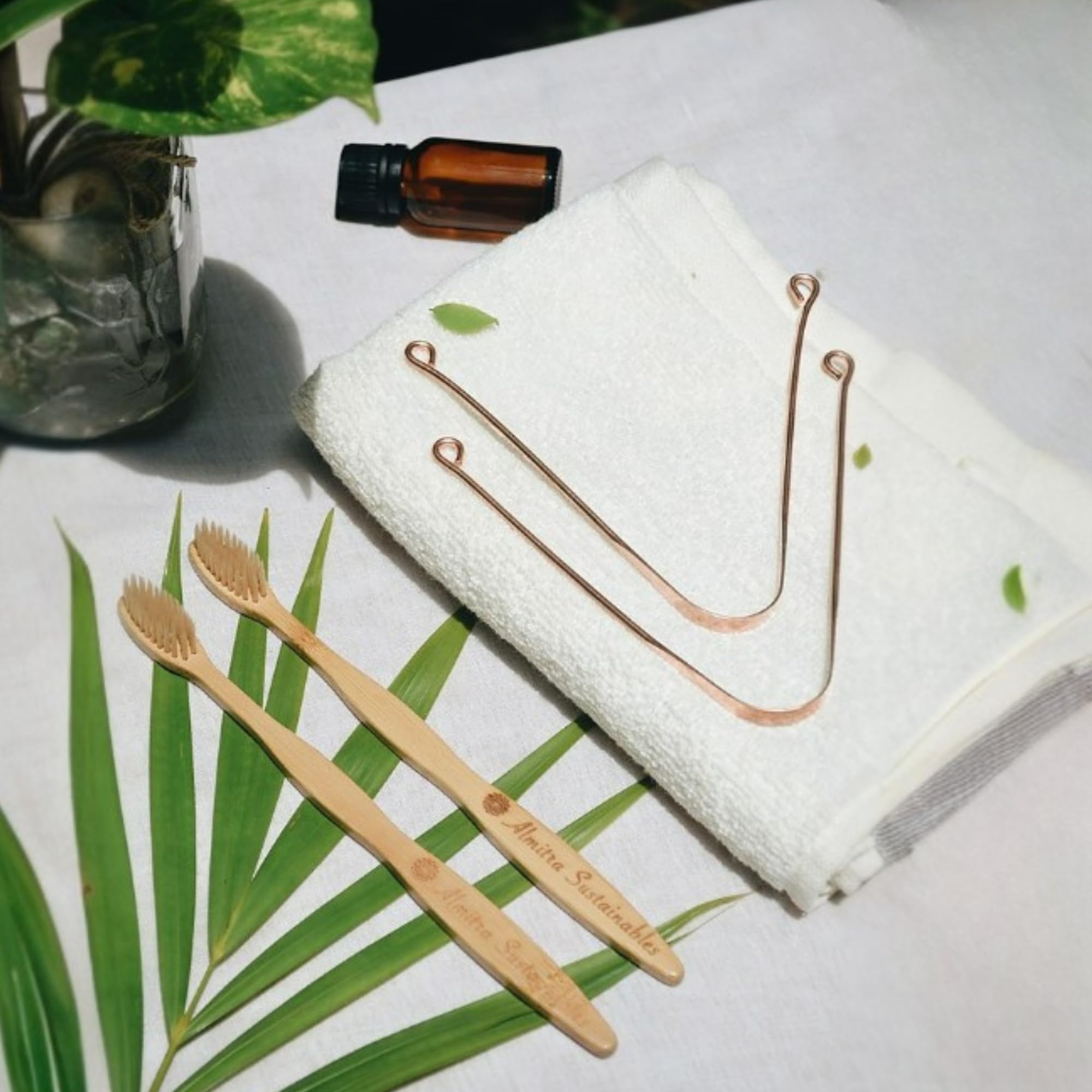 Almitra Sustainables Natural Oral Care Set. Pack Of 2 Bamboo Toothbrush with charcoal infused bristles + Pack of 2 Coppe