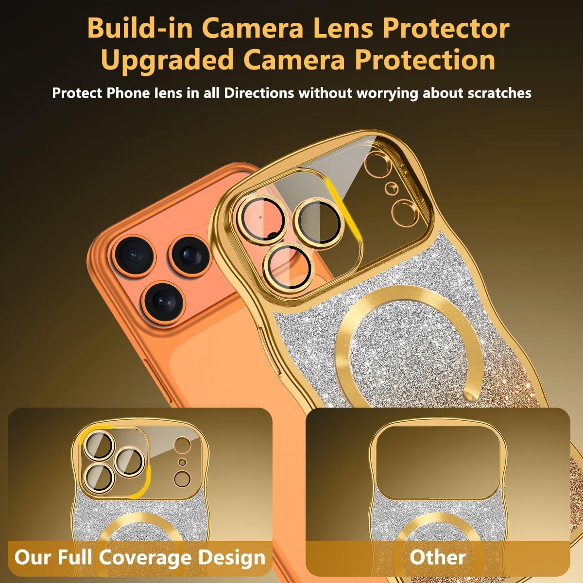 Meshine for iPhone 18 Pro Max Case,[Compatible with MagSafe][Built-in Camera Lens],Magnetic Curly Wavy Frame Shockproof Cute for Women Girls Cover for iPhone 18 Pro Max 6.9 Inch,Glitter Gold image 5