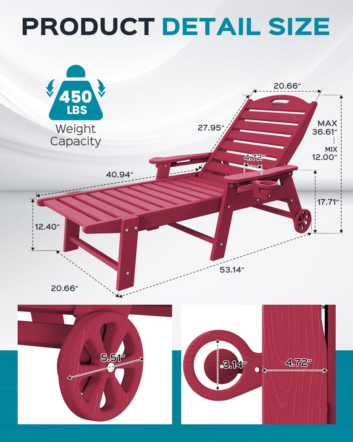 Chaise Lounge Chair Outdoor with Wheels, Adjustable 5-Position Chaise Lounge Outdoor with Wood Texture, Patio Lounge Chair for Poolside Backyard, Red