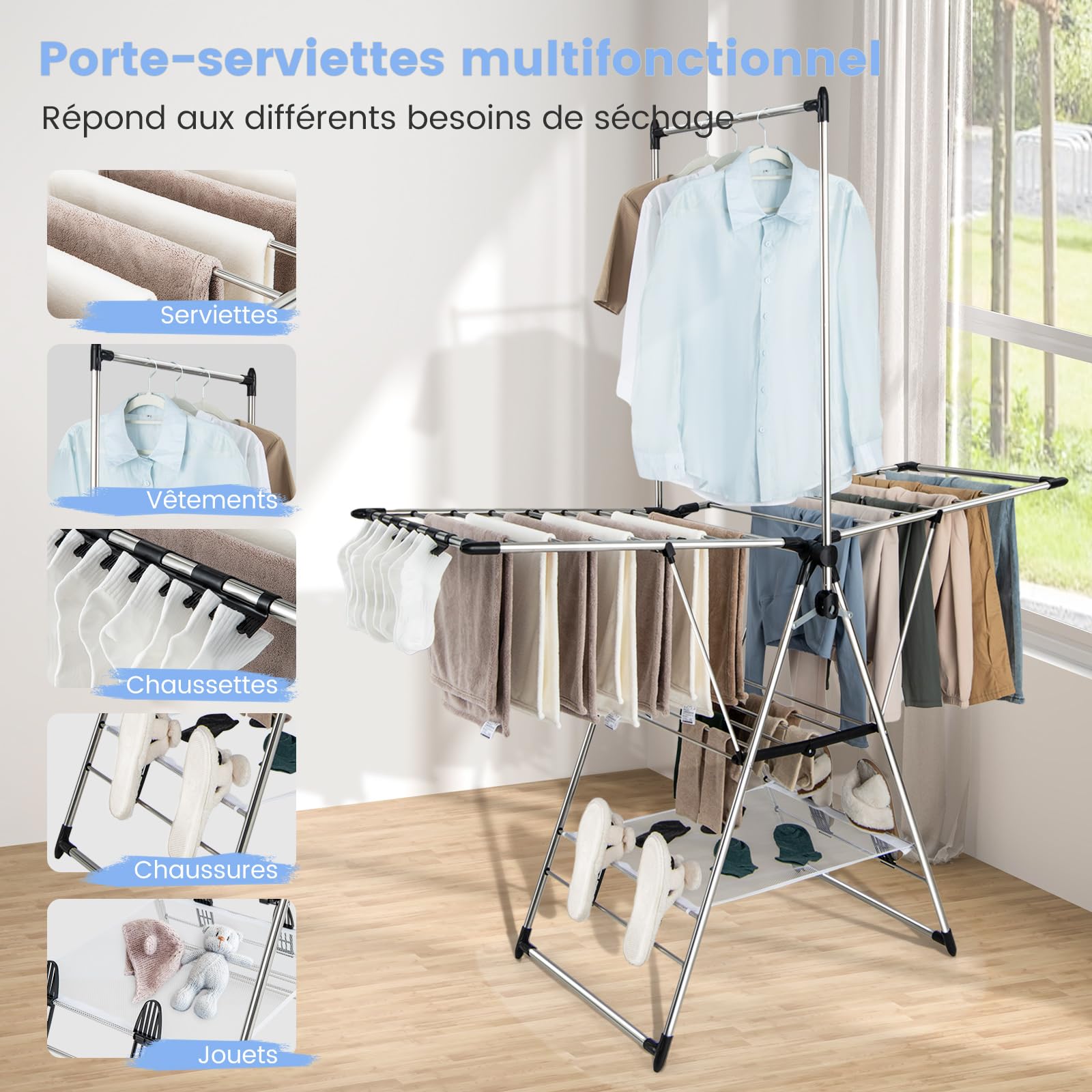COSTWAY Sechoir à Linge Pliable, Etendoir Linge Interieur Pliable en Alu avec Cintre Haut et Filet de Séchage, Tancarville Linge Réglable 77-127 cm, 4 Porte-Chaussures, Pince de Chaussette Amovible