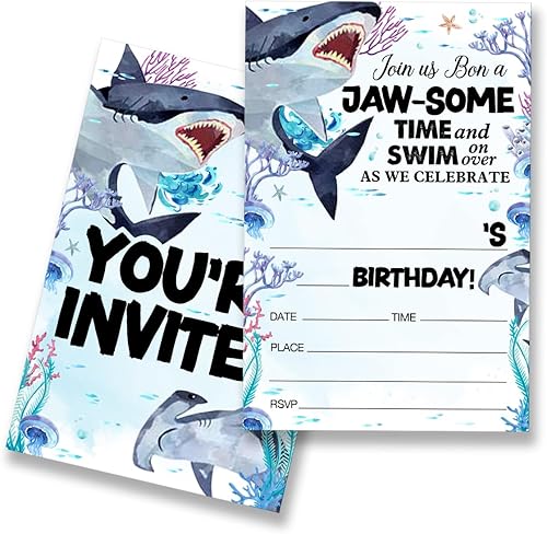 EUDOSI Juego de 20 invitaciones para fiesta de cumpleaños de tiburón, con sobres, tarjetas de invitaciones de fiesta de tiburón, doble cara