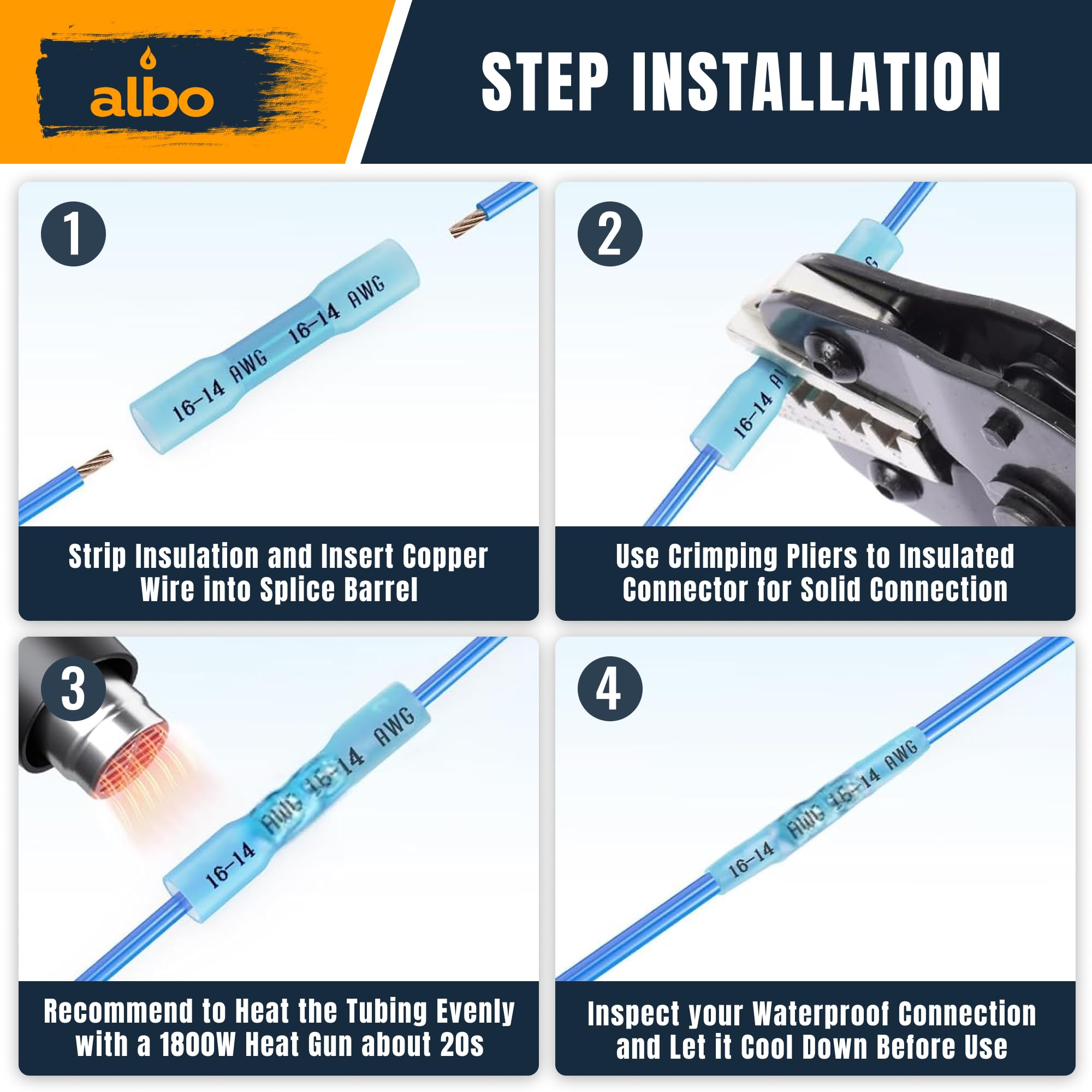 ALBO 1000 conectores termorretráctiles de 16 a 14 AWG, cobre estañado de 0,8 mm, conectores de alambre de crimpado aislados de grado marino, conectores eléctricos impermeables, empalme a tope para