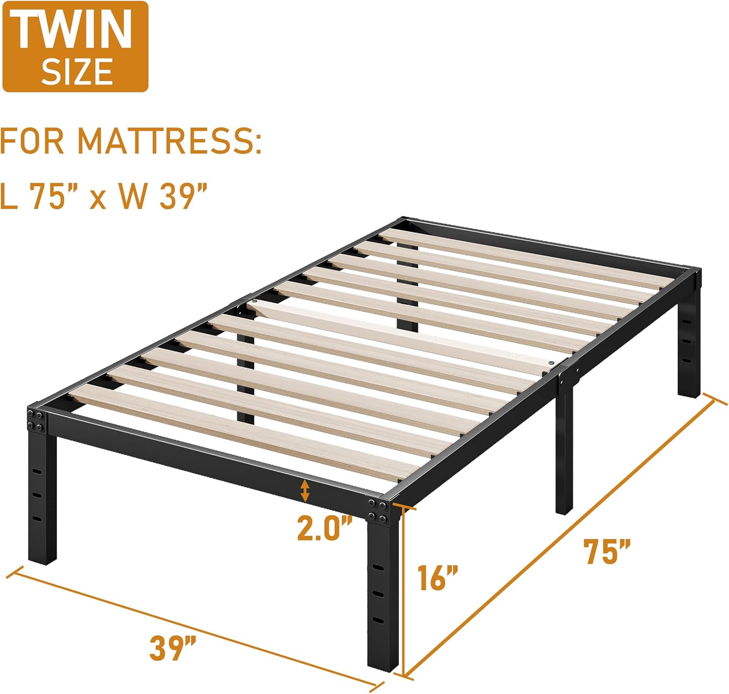 Twin Size Bed Frame, Wooden Slats Support, 16 Inch High, Heavy Duty 3500 Pounds Support for Mattress, No Box Spring Needed, Noise Free, Easy Assembly, Black