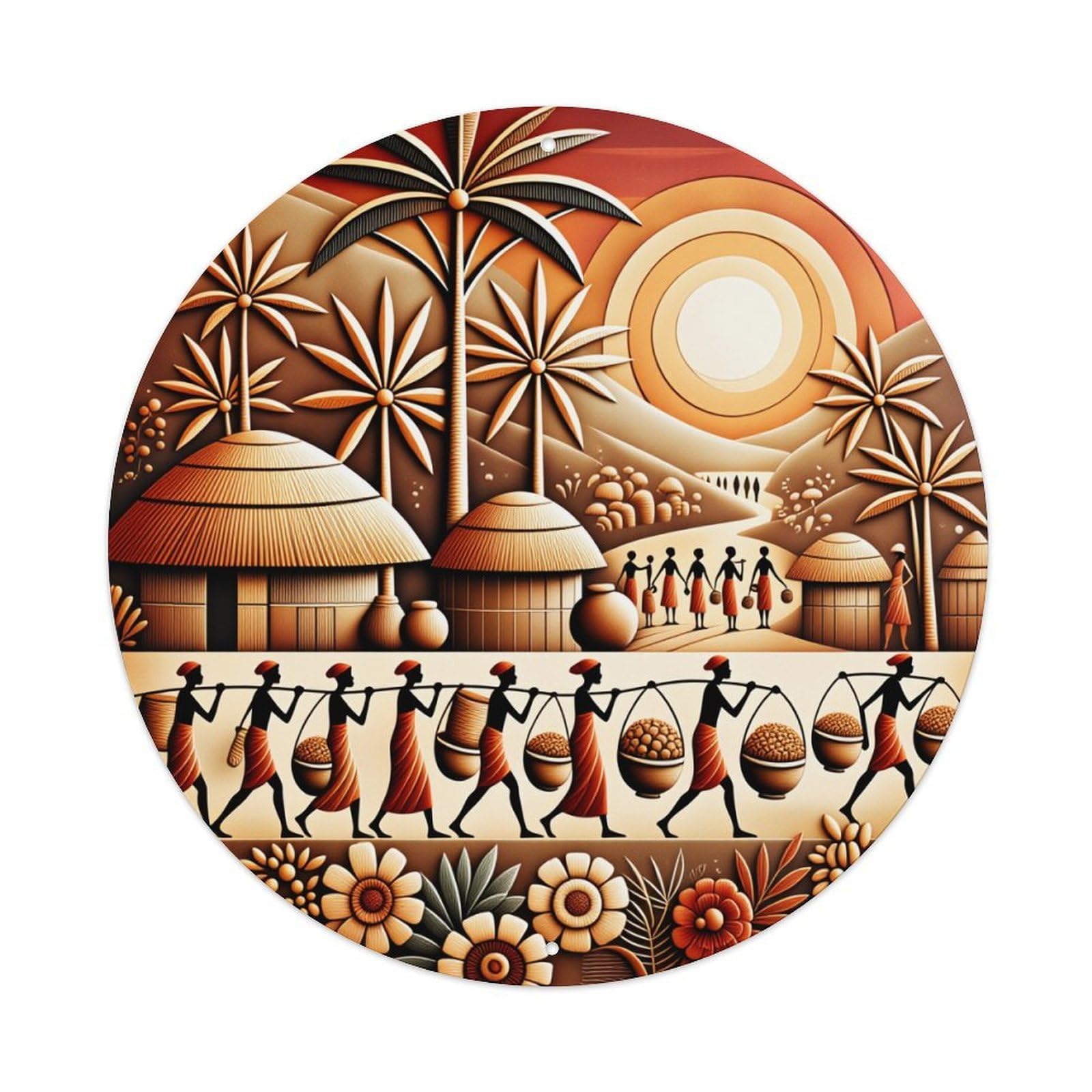 African Village Scene With Women Carrying Pots Metal Tin Sign Vintage Garden Bedroom Cafe Bar Man Cave Home Wall Decor Metal Poster 8x8 inches