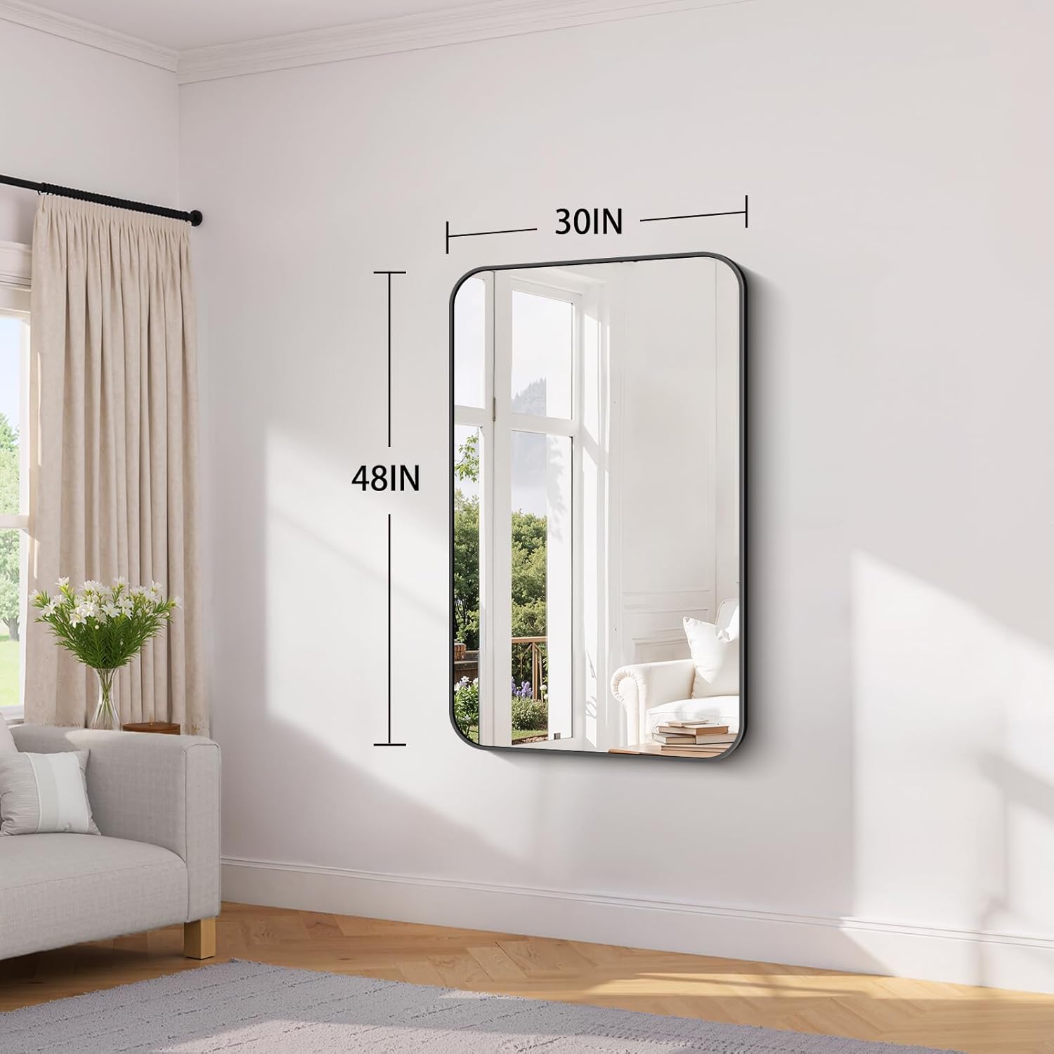 Koonmi Black Framed Bathroom Mirror - 30x48 Inch Shatterproof Tempered Glass Vanity Mirror for Bathroom Sink, Wall Mounted with Matte Aluminum Alloy Frame, No Distortion, Modern Decor