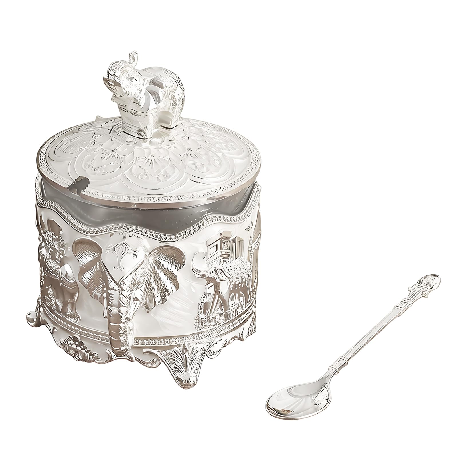 CUNZJIA Elegant Elephant Sugars Bowl with Spoon Zincs Alloy and Glass Jar for Salt Storage Kitchen Decoration
