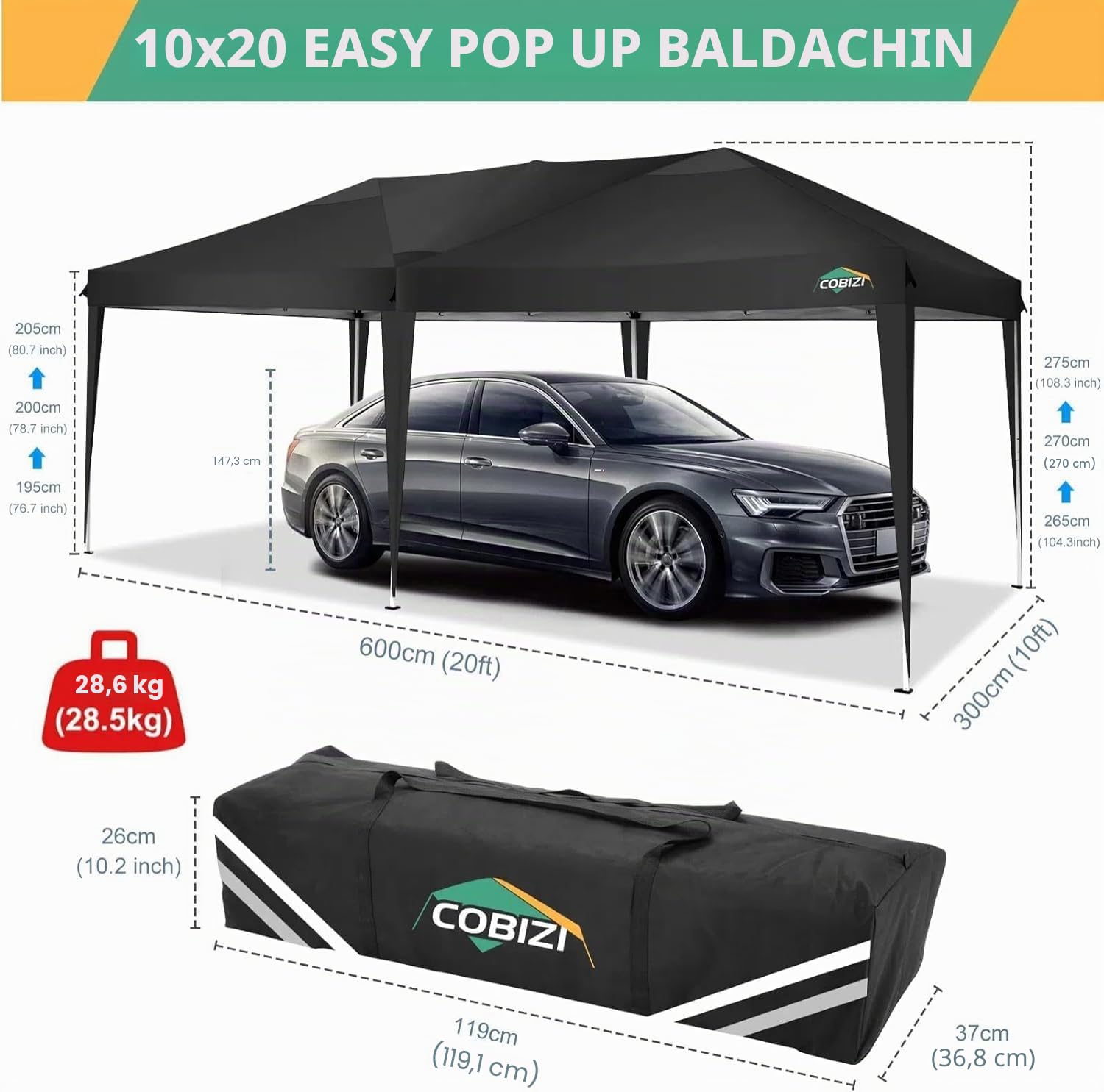 COBIZI Faltpavillon 3x6m Pavillon Wasserdicht Stabil Partyzelt Faltbar | 3 Höhen, Tente de réception d’extérieur avec 6 parois latérales anti-UV pour mariage, extérieur, jardin, fête et marché