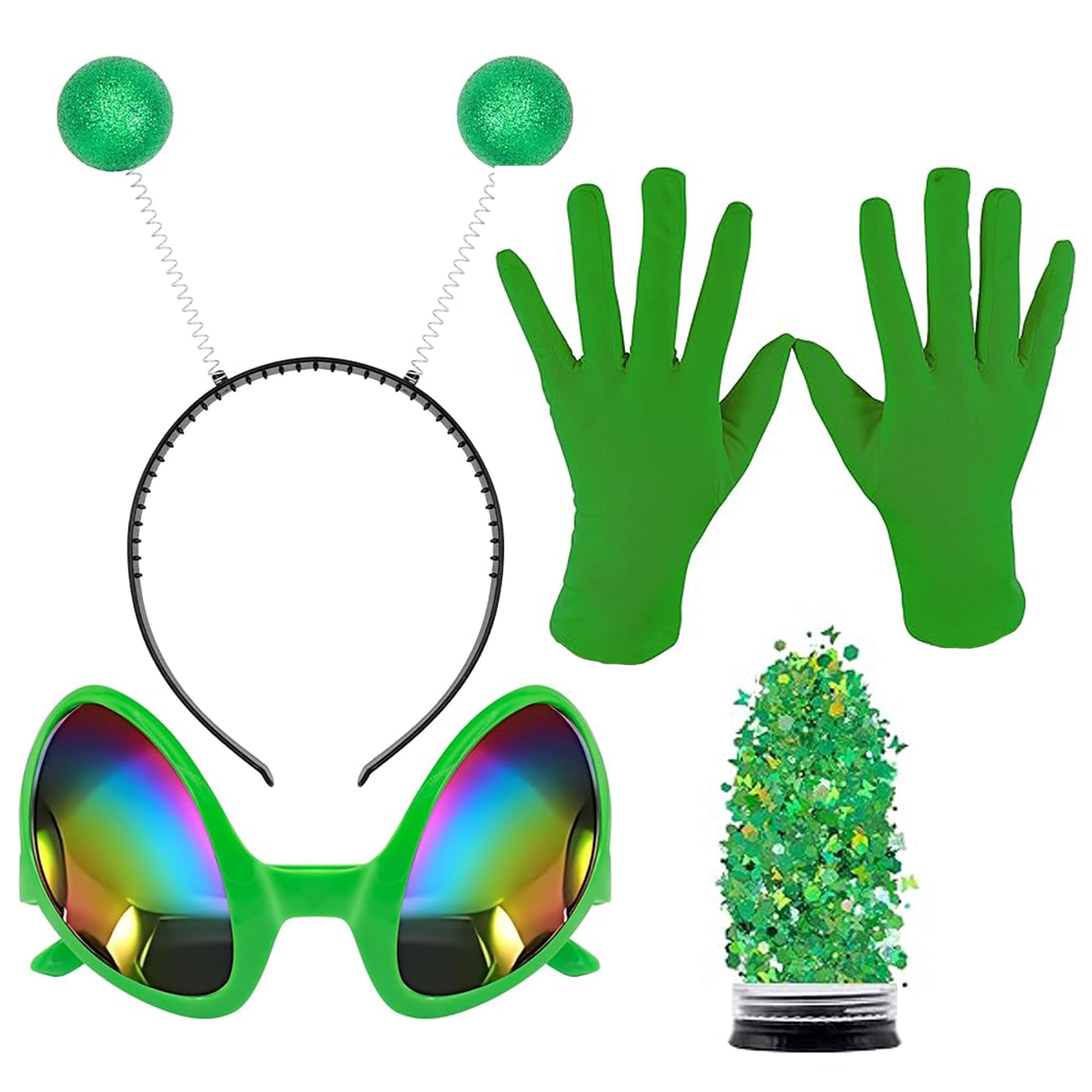 Alaxciax Alien Costume Set, Alien Headband with Glasses Gloves Holographic Glitter Alien Accessories for Women Halloween Cosplay (4PCS)
