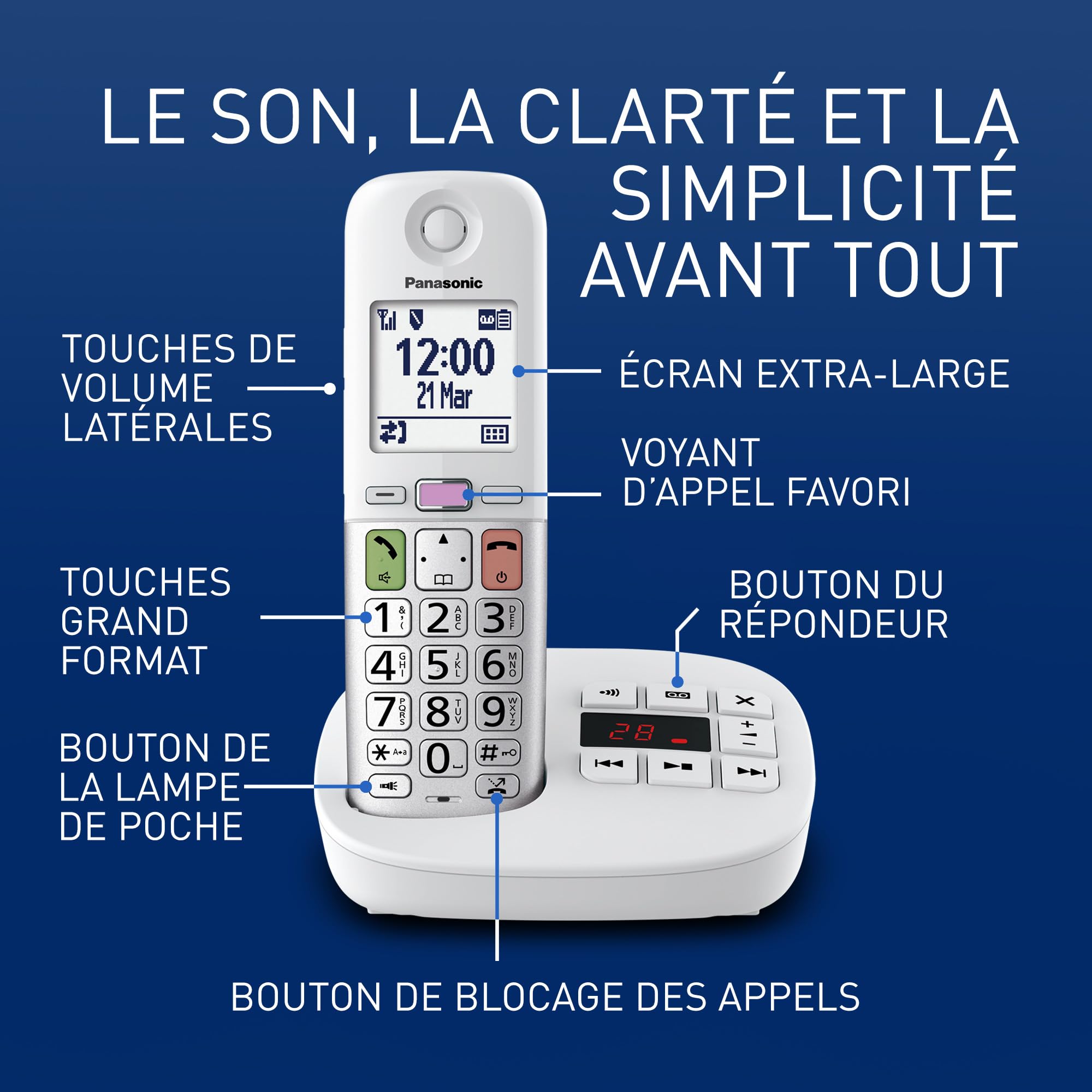 Panasonic KX-TGU430EXW Téléphone Numérique sans Fil avec Répondeur, Unité de Base et 1 Combiné, Écran LCD, Appels Favori, Lampe Torche, Compatible avec Les Appareils Auditifs, Blanc et Argent