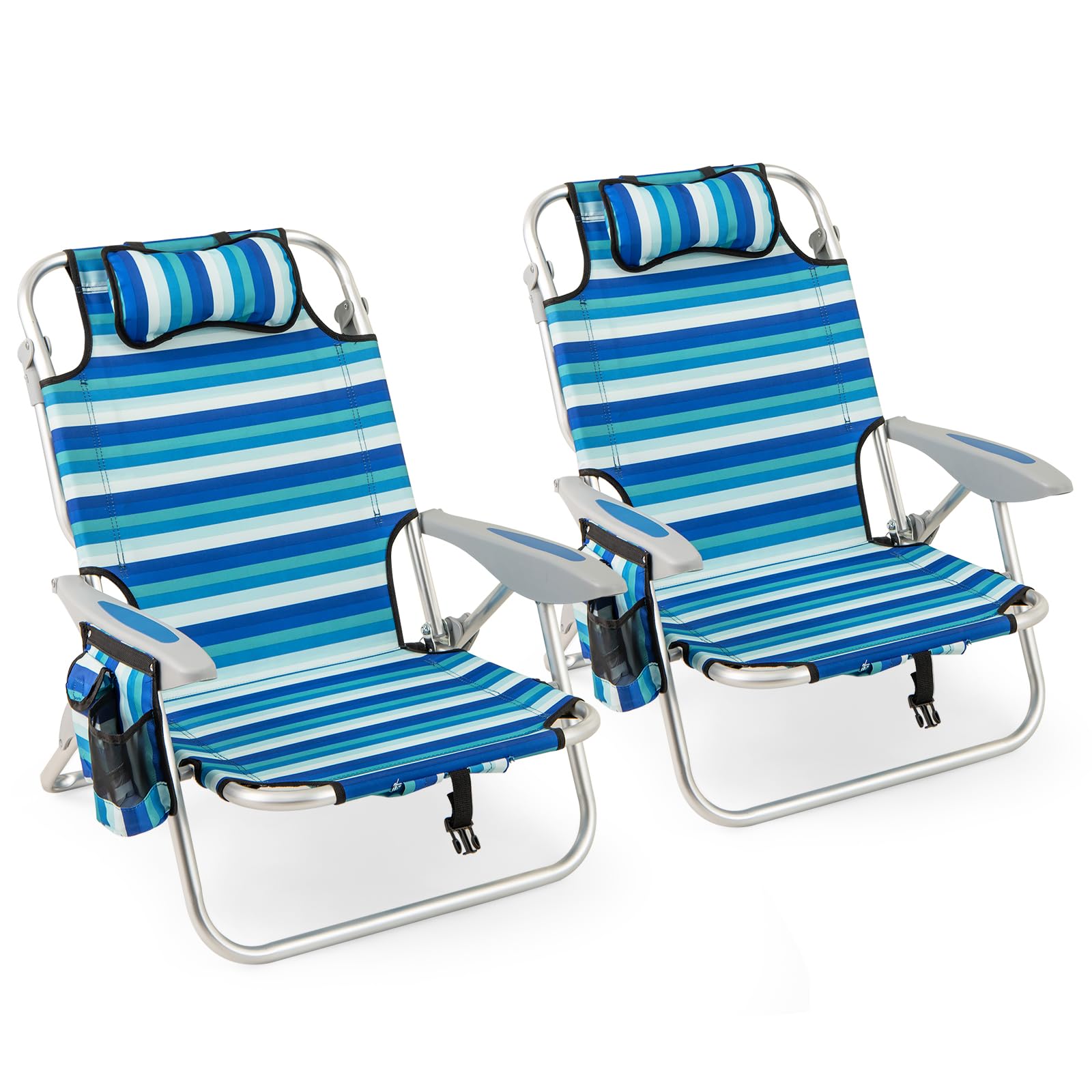 TANGZON Set of 2 Folding Beach Chairs, Camping Chair with Adjustable Backrest, Padded Headrest, Towel Bar & Storage Pockets, Outdoor Portable Armchairs (2 Striped Blue, 62 x 80 x 80 cm)