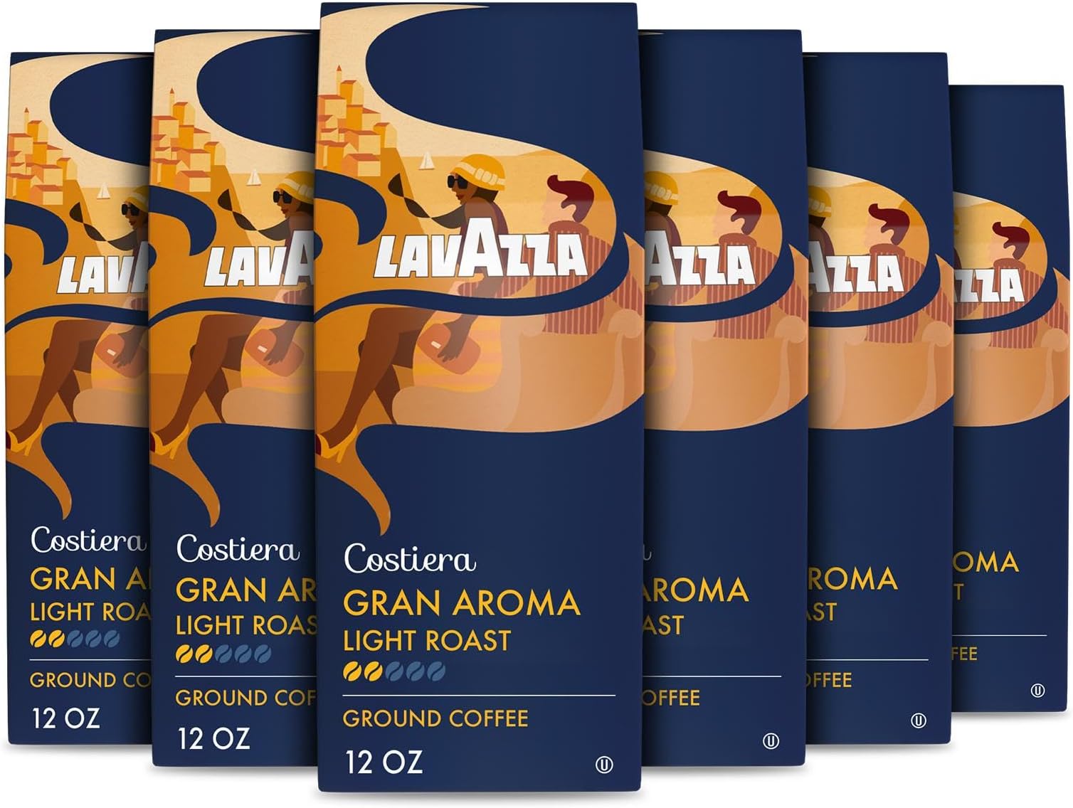 Costiera Gran Aroma Ground Coffee 6 Bags of 12oz, Light Roast, Smooth and Aromatic Taste, Intensity 2/5, 100% Arabica, Ideal for Drip Brewers, (Pack of 6) - Package May Vary