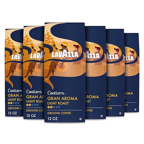 Lavazza Costiera Gran Aroma Café molido 6 bolsas de 12 onzas, tostado ligero, sabor suave y aromático, intensidad 25, 100% arábica, ideal para