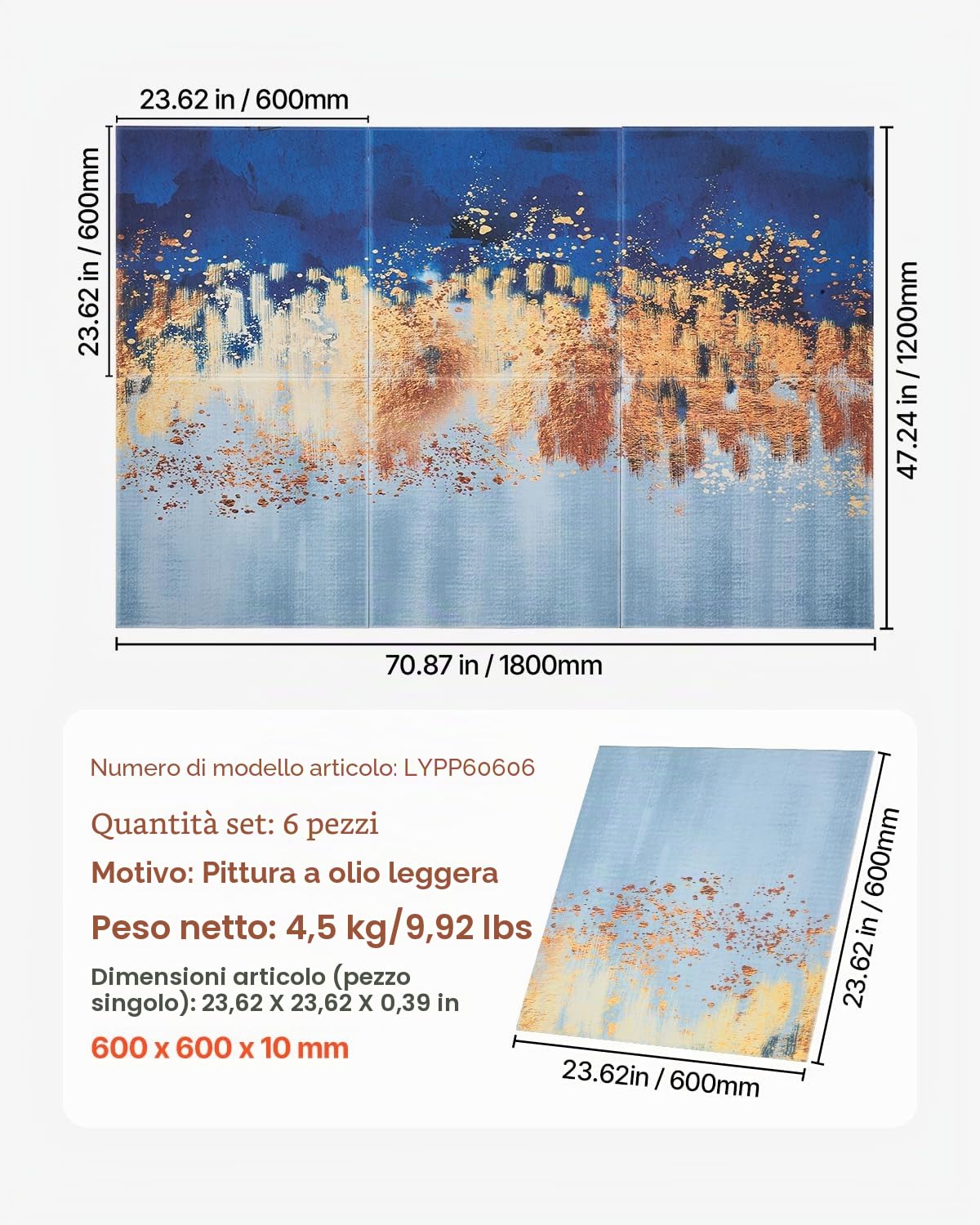 VEVOR Pannelli Acustici Artistici, Pannelli Fonoassorbenti Decorativi Autoadesivi da Parete Registrazione per Casa, Ufficio, Studio, Sala giochi, Teatro, Pastello, 600 x 600 x 10 mm 6 Pezzi
