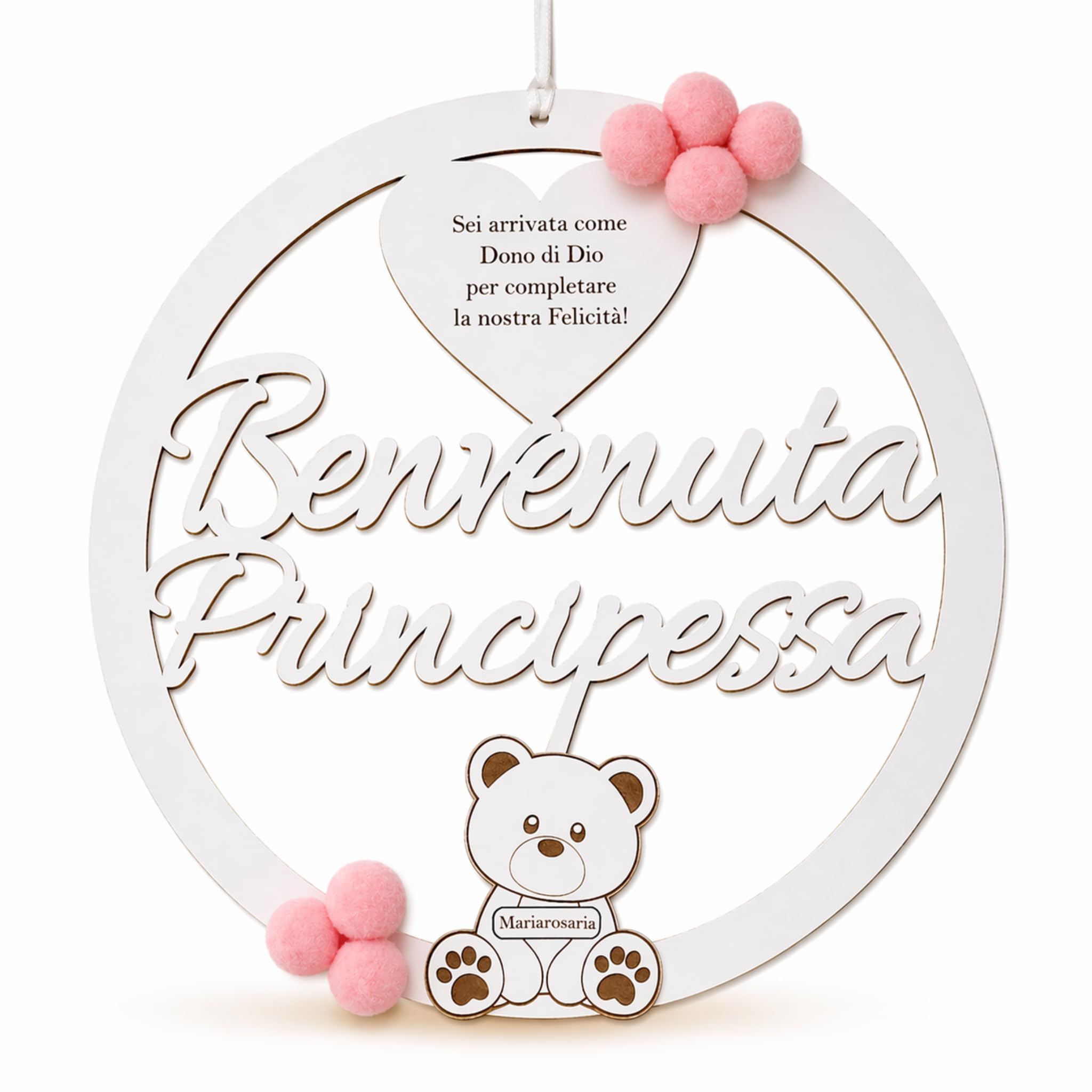 Fiocco Nascita Bimbo Bimba Personalizzato con Nome in Legno - Coccarda Nascita Moderno Fuoriporta Cameretta, Decorazione Nascita Artigianale Made in Italy con Orsetto (Rosa/Azzurro) — Lo Realizzo®