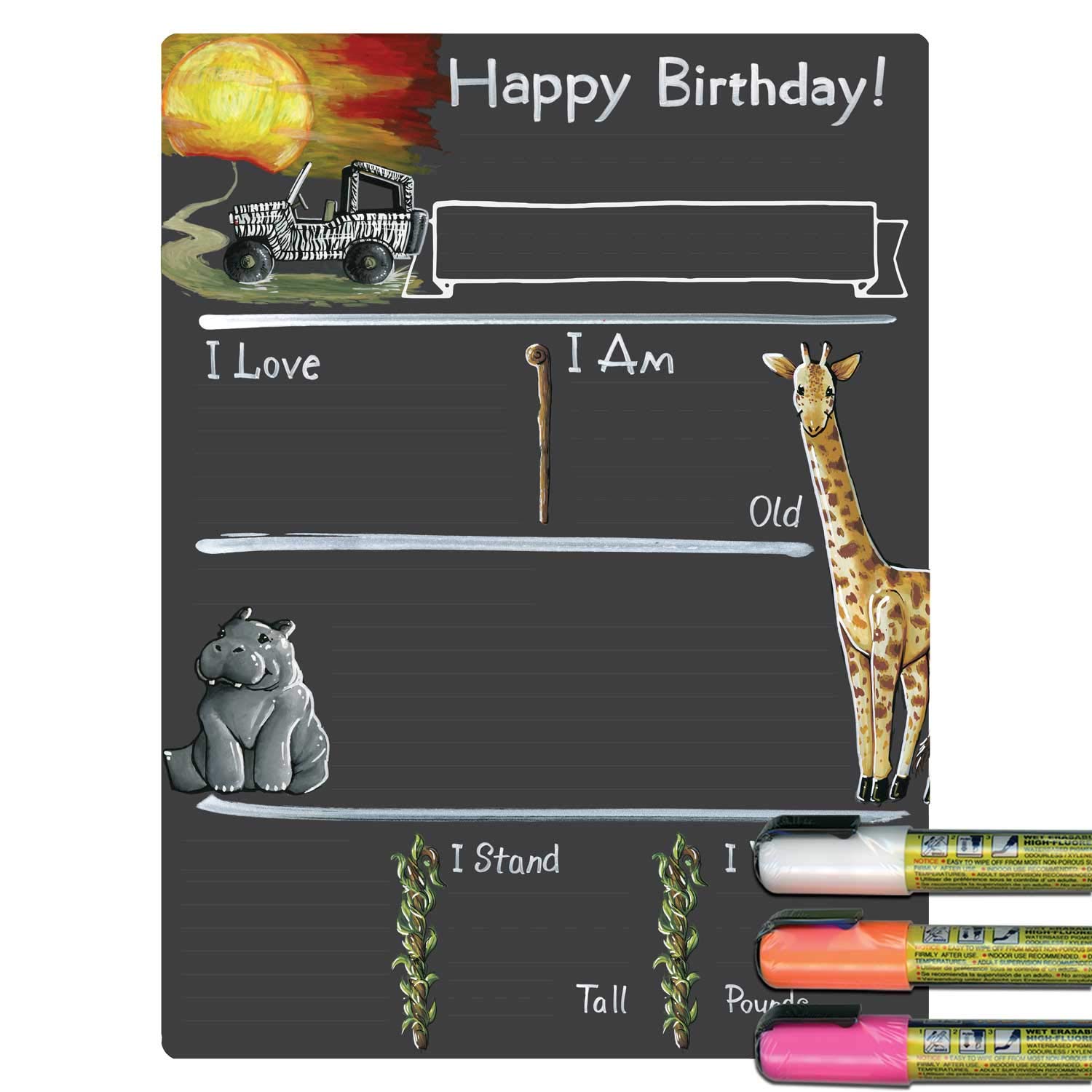 Cohas Birthday Milestone Board with Safari Theme, Reusable Chalkboard Style Surface, and Liquid Chalk Markers, 9 by 12 Inches, 3 Bright Markers