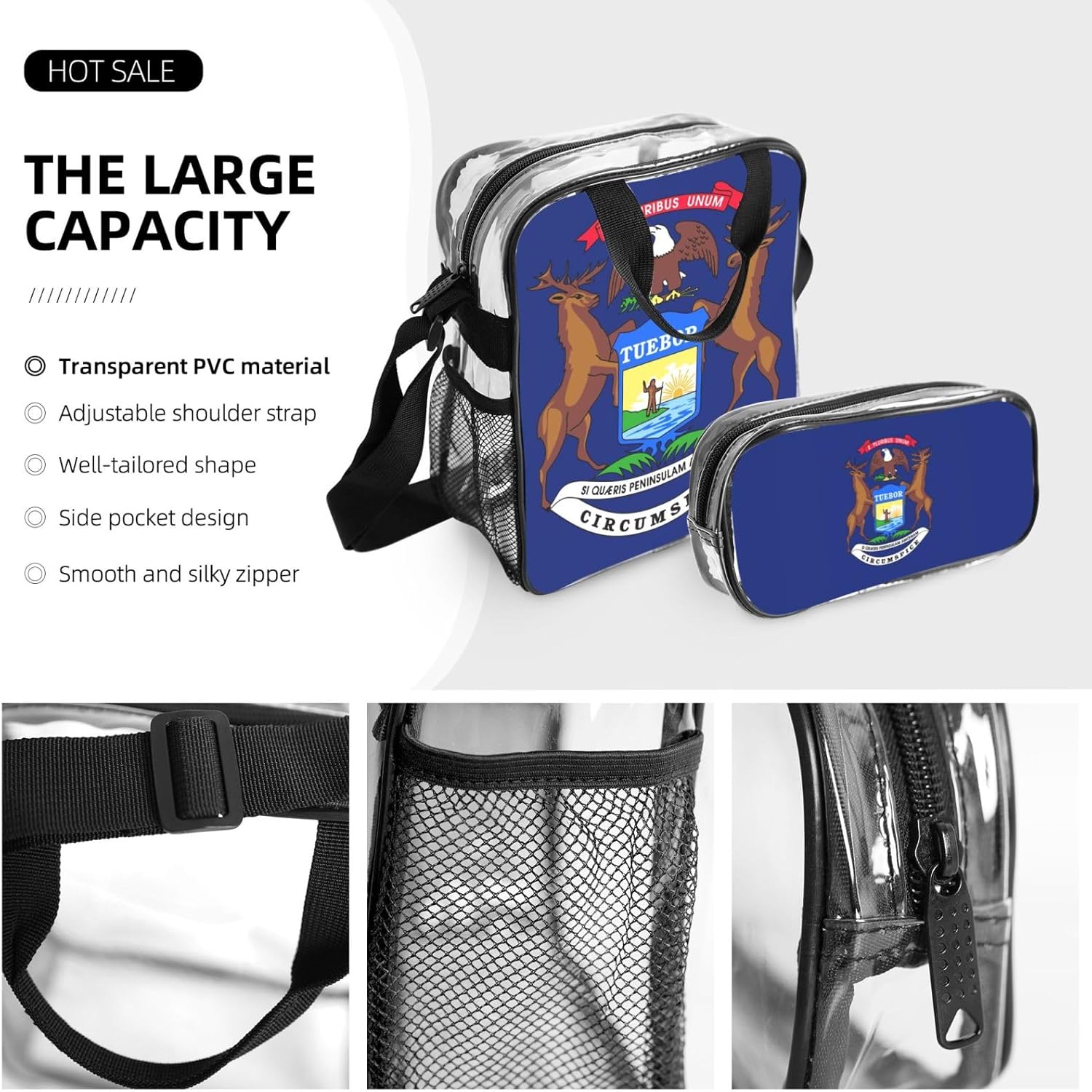 Michigan State Flag Print Unisex Transparent Backpack Set Travel Outdoor With Clear 3-Piece Lunch Pen Case