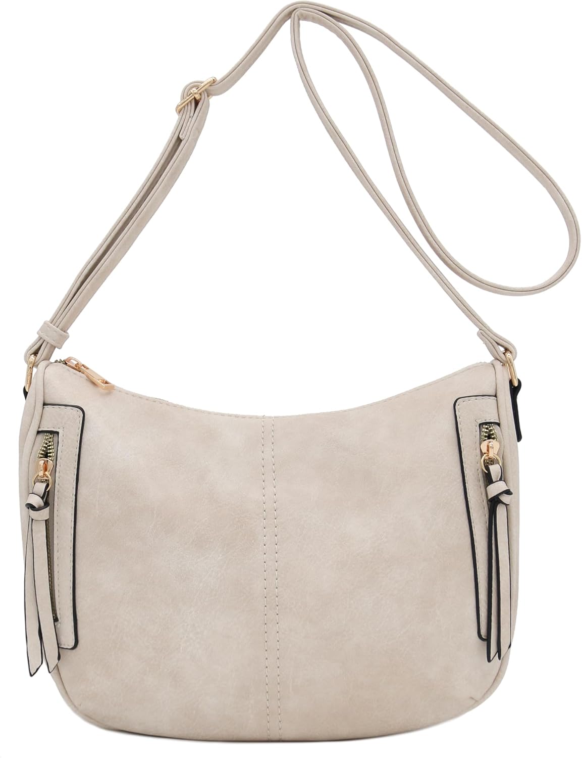 FashionPuzzle Faux Leather Two Front Zipper Pocket Crossbody Saddle Bag (Beige) - Image 3