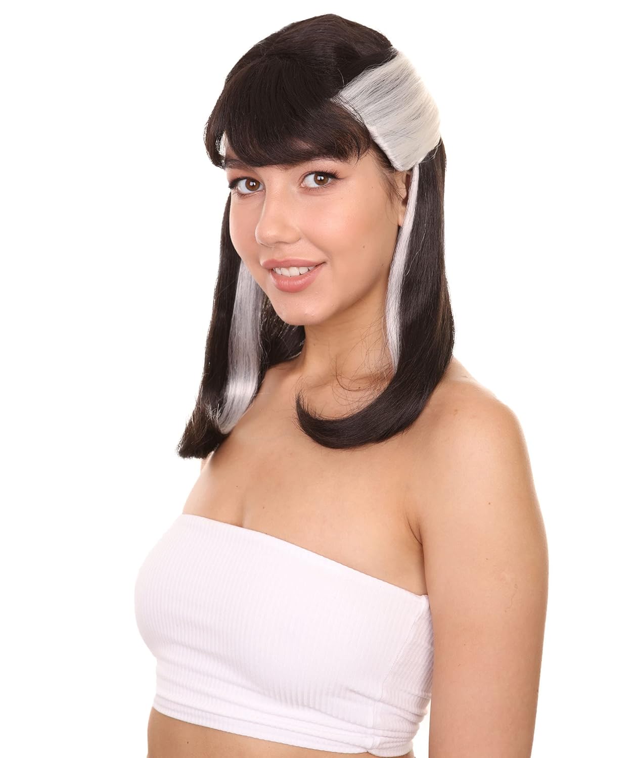 HPO | Adult Women's 16" Inch Medium Length Halloween Cosplay Black White Wizard Narcissa Costume Wig, Synthetic Soft Fiber Hair, Perfect for your next Festival and Group Anime Party!