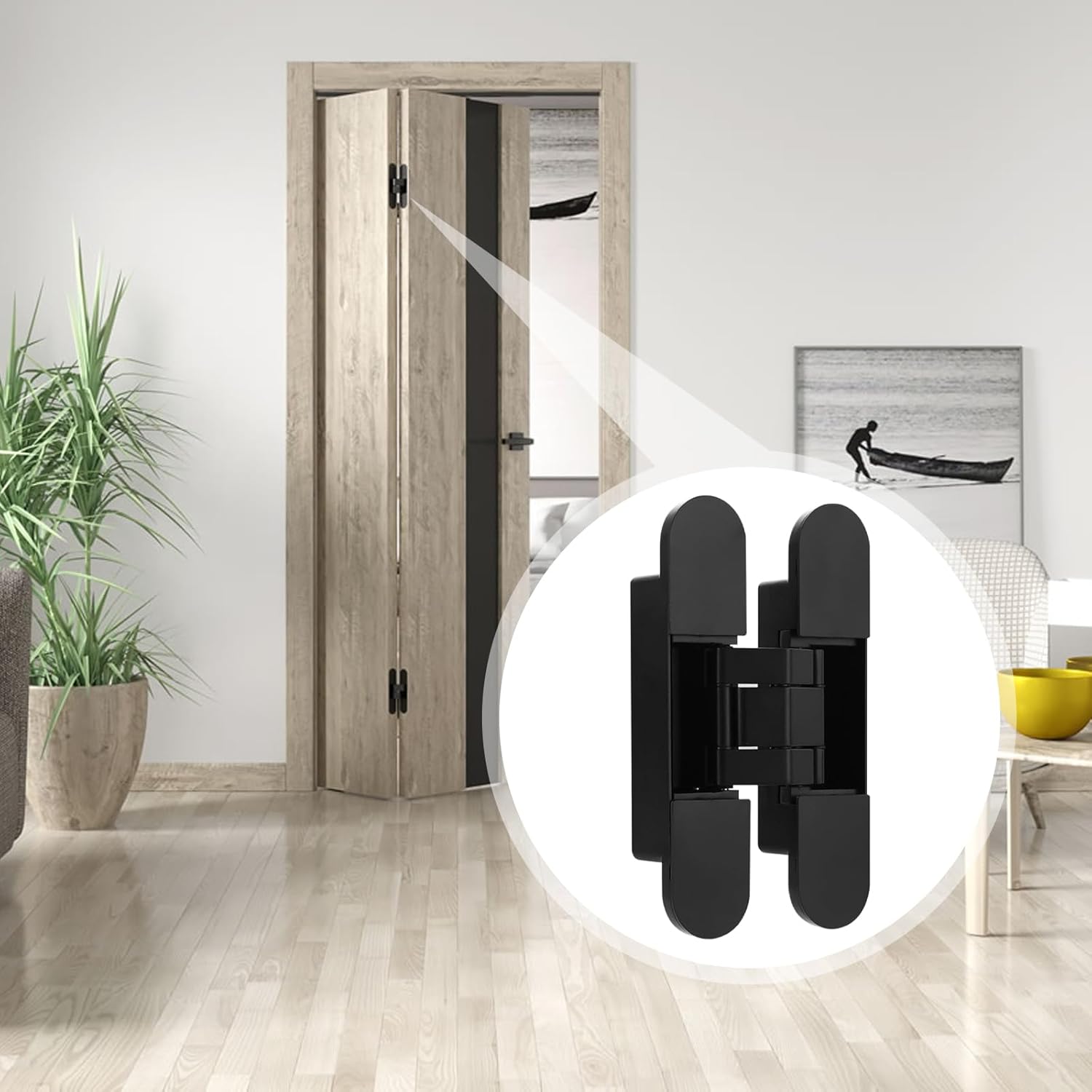 Eagles 6-inch Hidden Door Hinges Invisible Hinges Concealed Silent Door Hinge 180 Degree Swing 3 Way Adjustable Butt Hinge Zinc Alloy Secret Door Hinges, Black (2 Hinges)