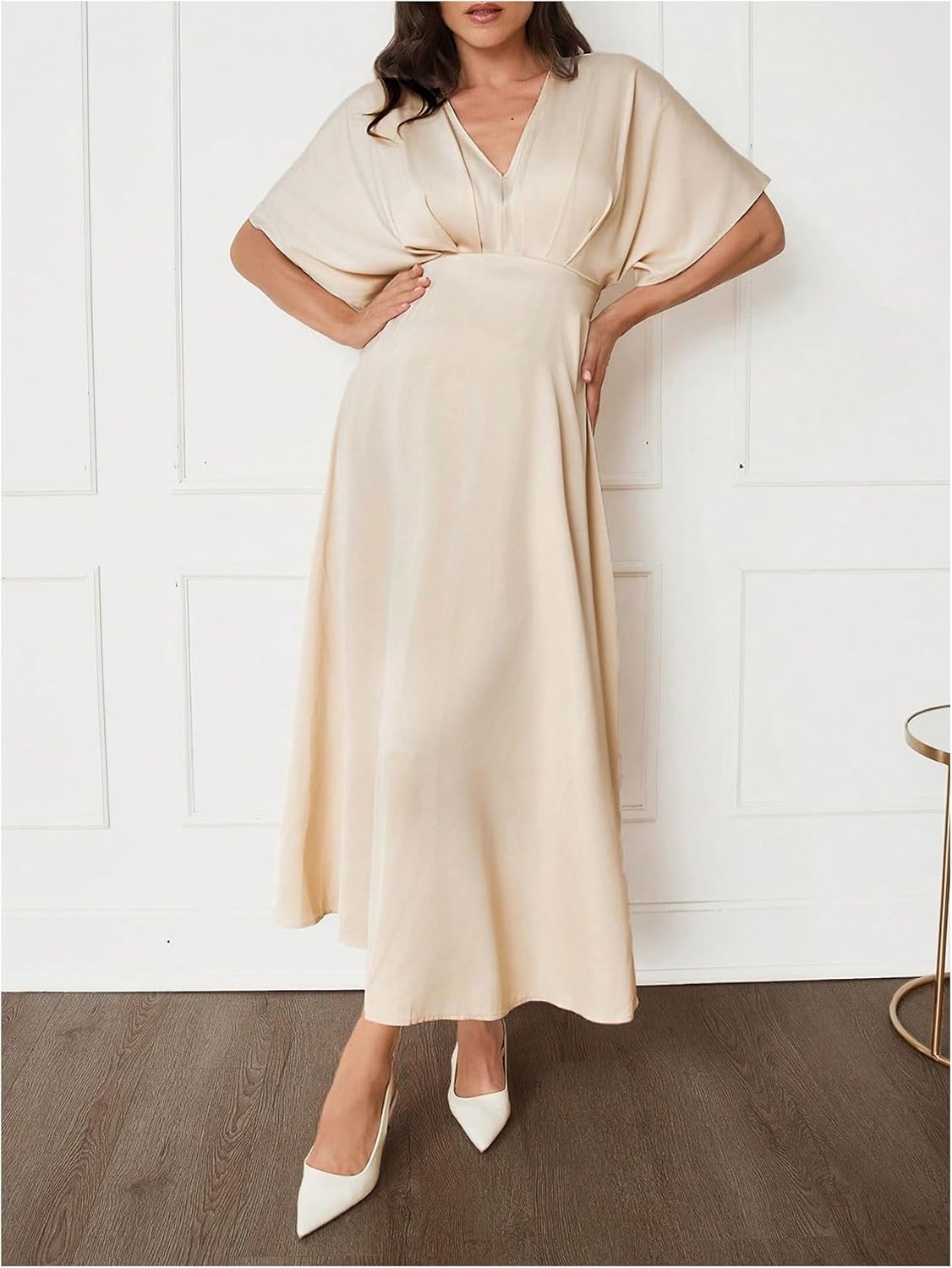 MakeMeChic Women's V Neck Maternity Dress Short Flared Sleeve Elastic Waist Ruched Pregnancy Maxi Dresses