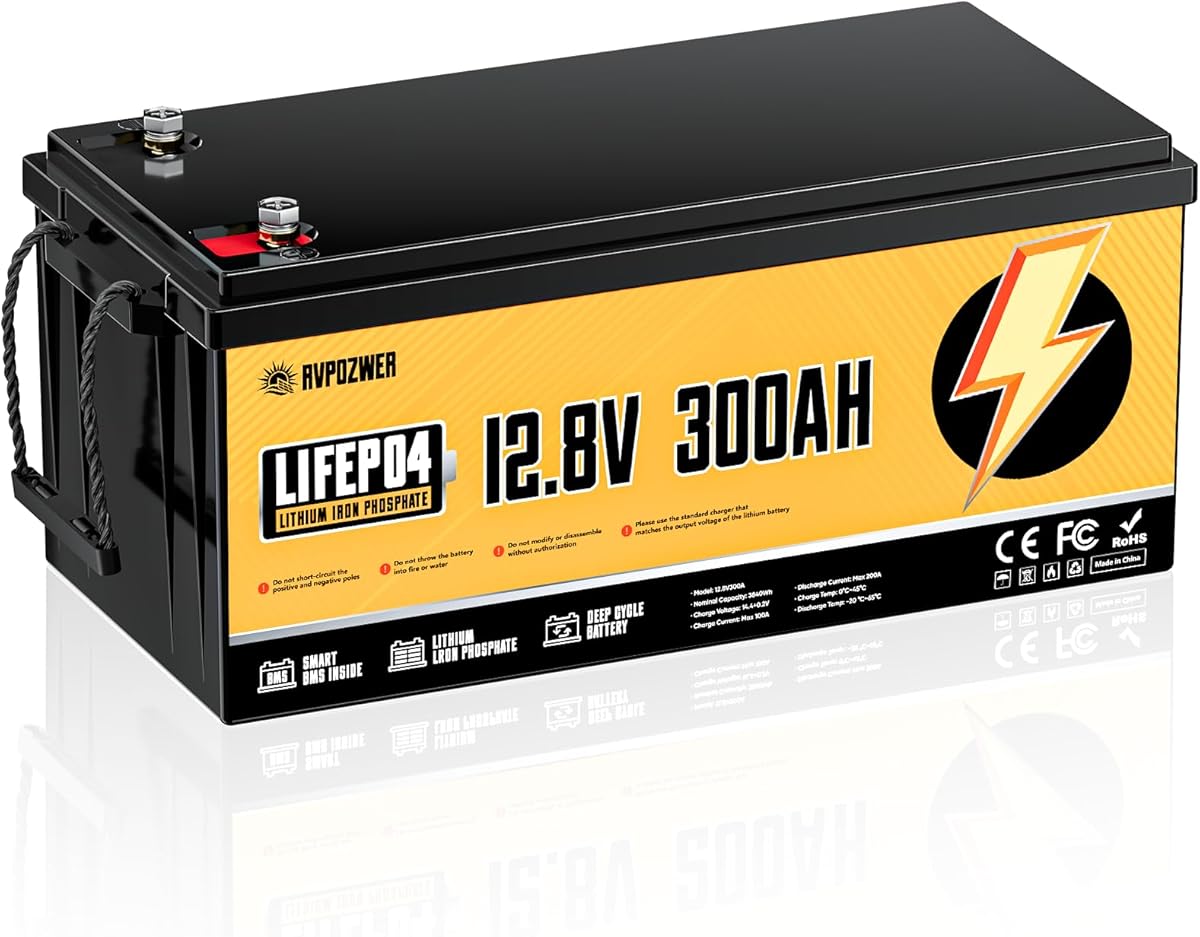 12V 300Ah LiFePO4 Battery, Built-in 200A BMS, 15000 Deep Cycles, 3840Wh, Low Temp Protection Lithium Iron Phosphate Battery for Home Energy, RV, Trolling Motor, Marine, Solar, Off-Grid