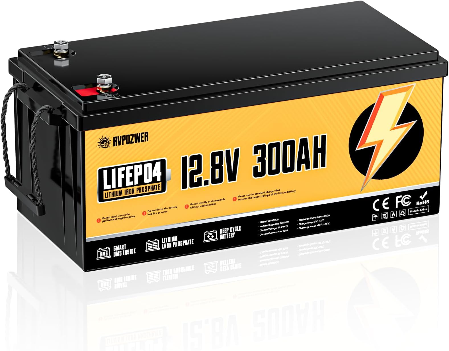 12V 300Ah LiFePO4 Battery, Built-in 200A BMS, 15000 Deep Cycles, 3840Wh, Low Temp Protection Lithium Iron Phosphate Battery for Home Energy, RV, Trolling Motor, Marine, Solar, Off-Grid