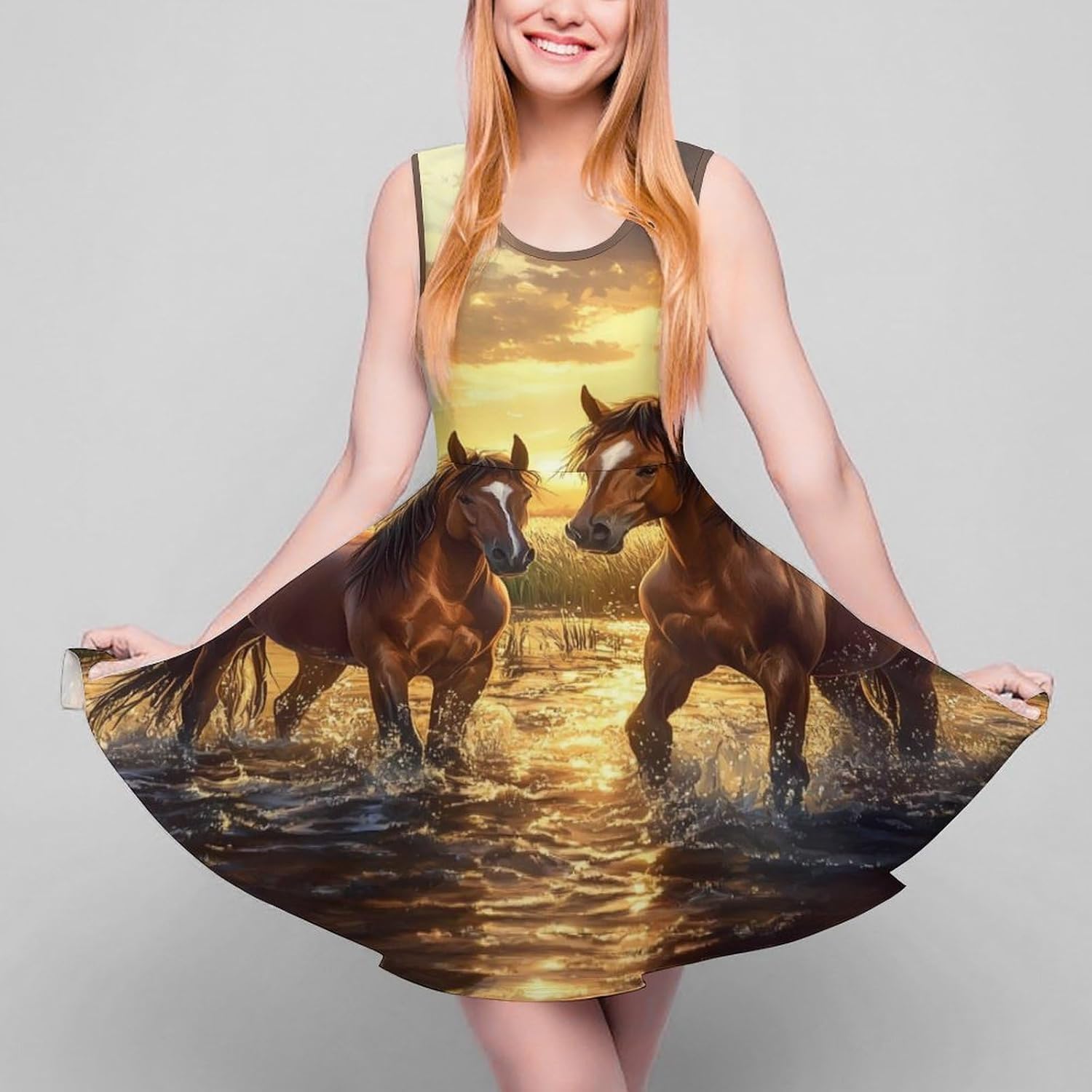 Horse Lake Sunset Women's Dresses Round Neck Dress Sleeveless Tank Dress Ruffle Hem Sundress