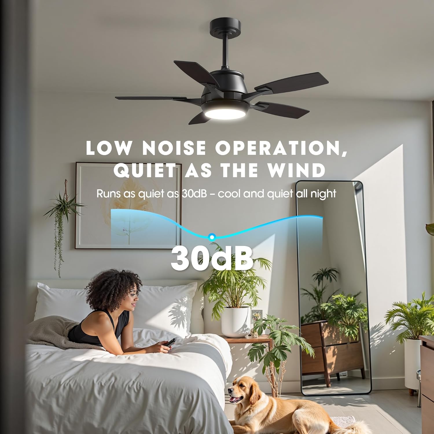 LUDOMIDE 42" Ceiling Fan with Light, Modern Low Profile Ceiling Fan with Light, DC Reversible Motor, Smart APP & Remote Control, Whisper Quiet, Dimmable LED for Bedroom/Living Room