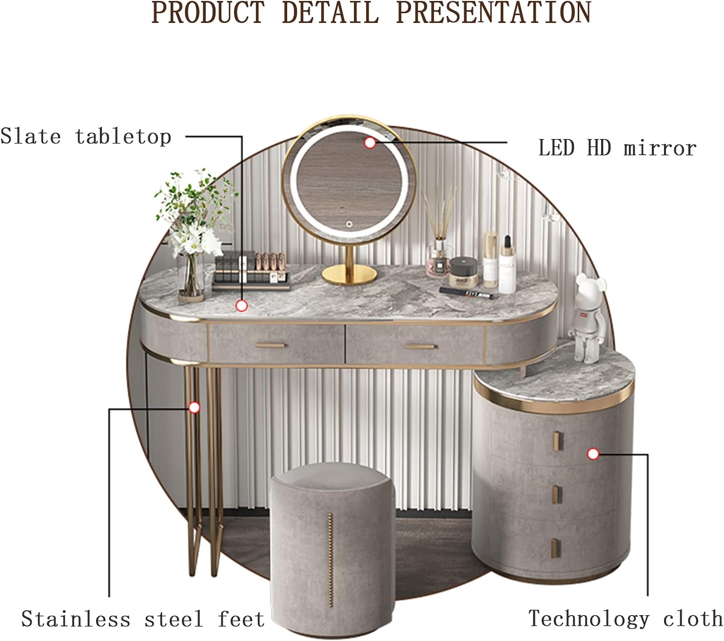 Vanity Dressing Table Set Makeup Bench with 3 Colors Led Hd Mirror Comfortable Stool Drawers Cabinet Modern Simple Style for Girl’s Gift 120CM