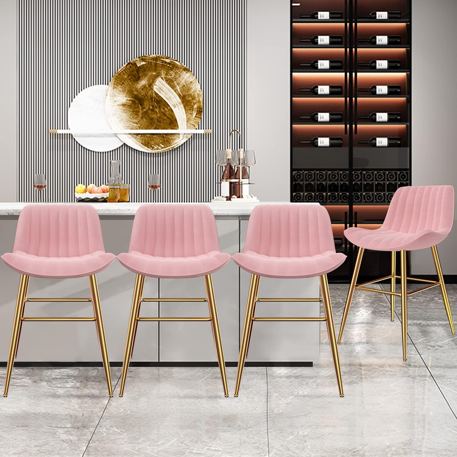 Sucrever Pink 24" Bar Stools Set of 4, Bar Chairs Velvet