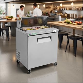 29" Sandwich Prep Table Refrigerator Commercial Salad Bar with 8 Pans, 1 Self-Closing Door, Salad Prep Table Refrigerator with Cutting Board for Restaurant Kitchen Equipment