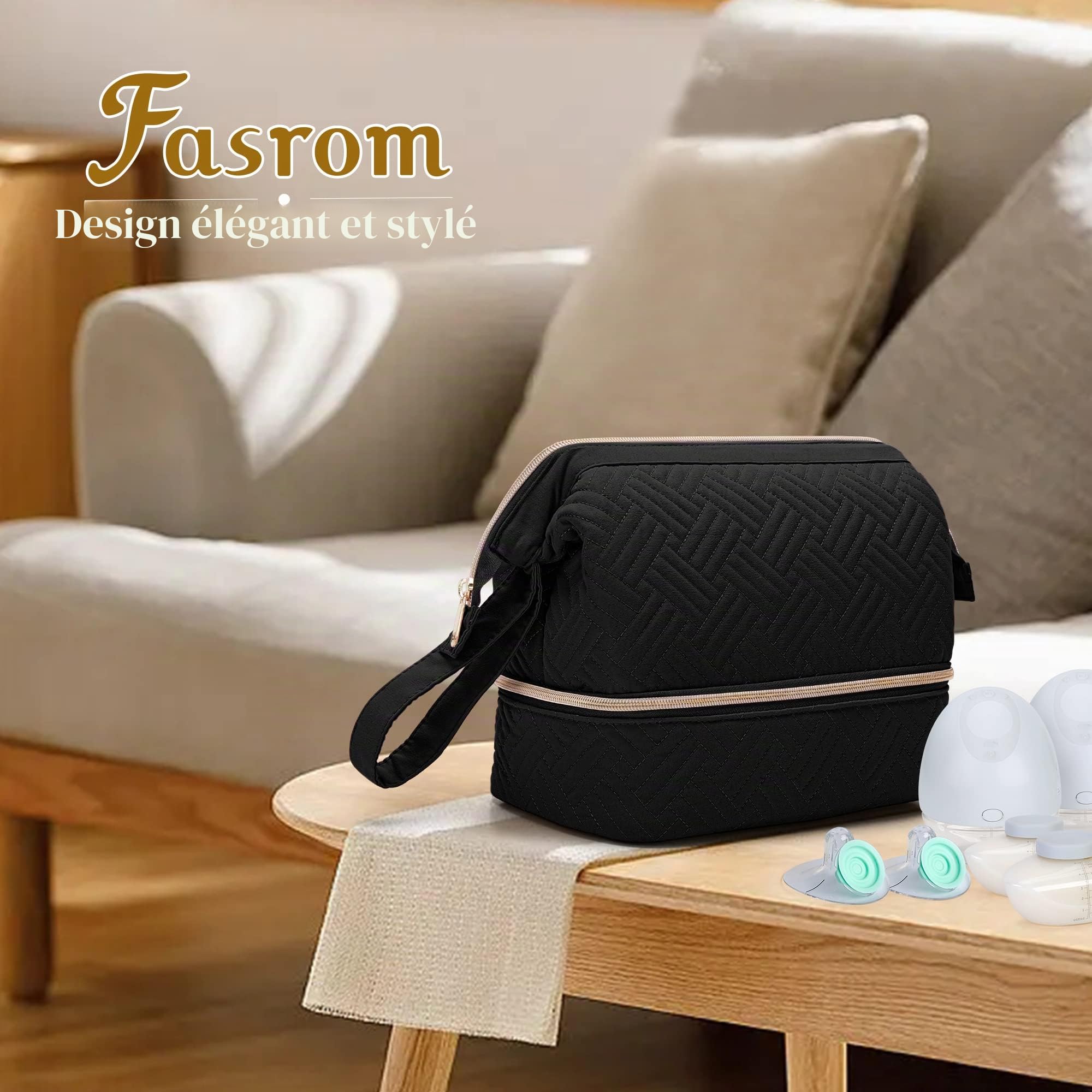 Sac pour tire-lait portable compatible avec les pompes Elvie et Medela Pump in Style, sac de transport double couche avec tapis imperméable et poches isolées pour les mamans qui travaillent, Noir