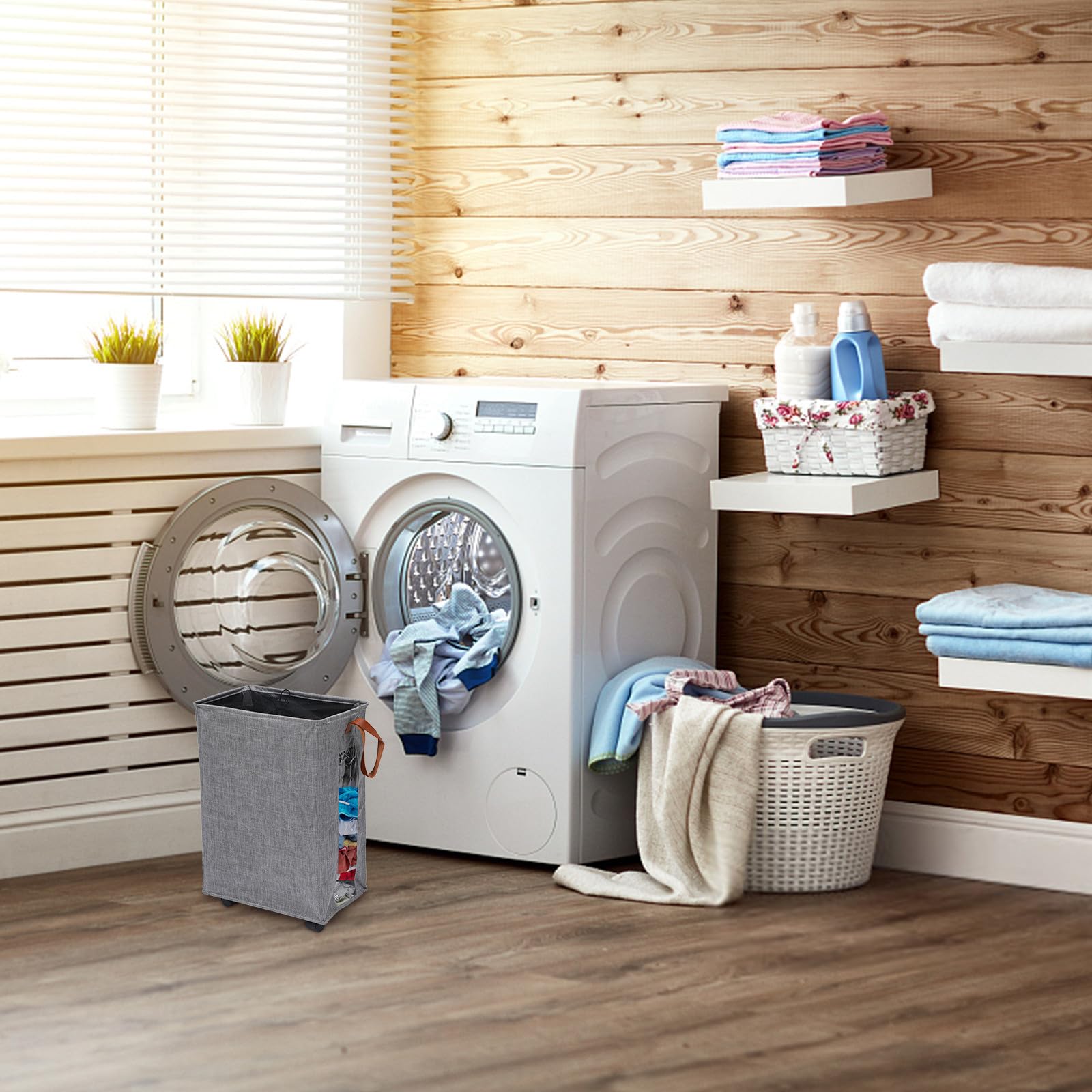 MAGICLULU Cesto Portabiancheria Pieghevole Pratico e Resistente con Ruote e Manico, Salvaspazio per Bagno e Lavanderia