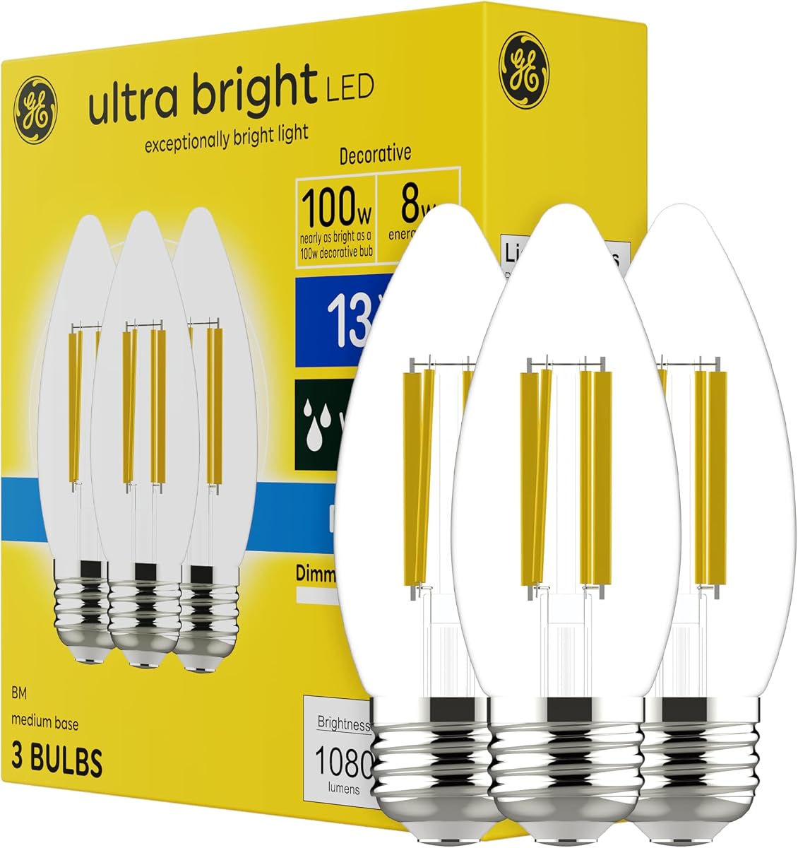 GE Ultra Bright LED Candle Bulbs with Medium Base, Daylight B12, 3 Pack | 3-pack B12 candelabra base, 100W Replacement, daylight 5000K, clear decorative, energy-saving, chandeliers, sconces, vanity