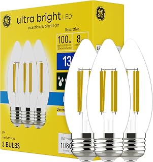 GE Ultra Bright LED Light Bulbs, 100W, Daylight Candle Lights, Clear Decorative B12 Light Bulbs (3 Pack)