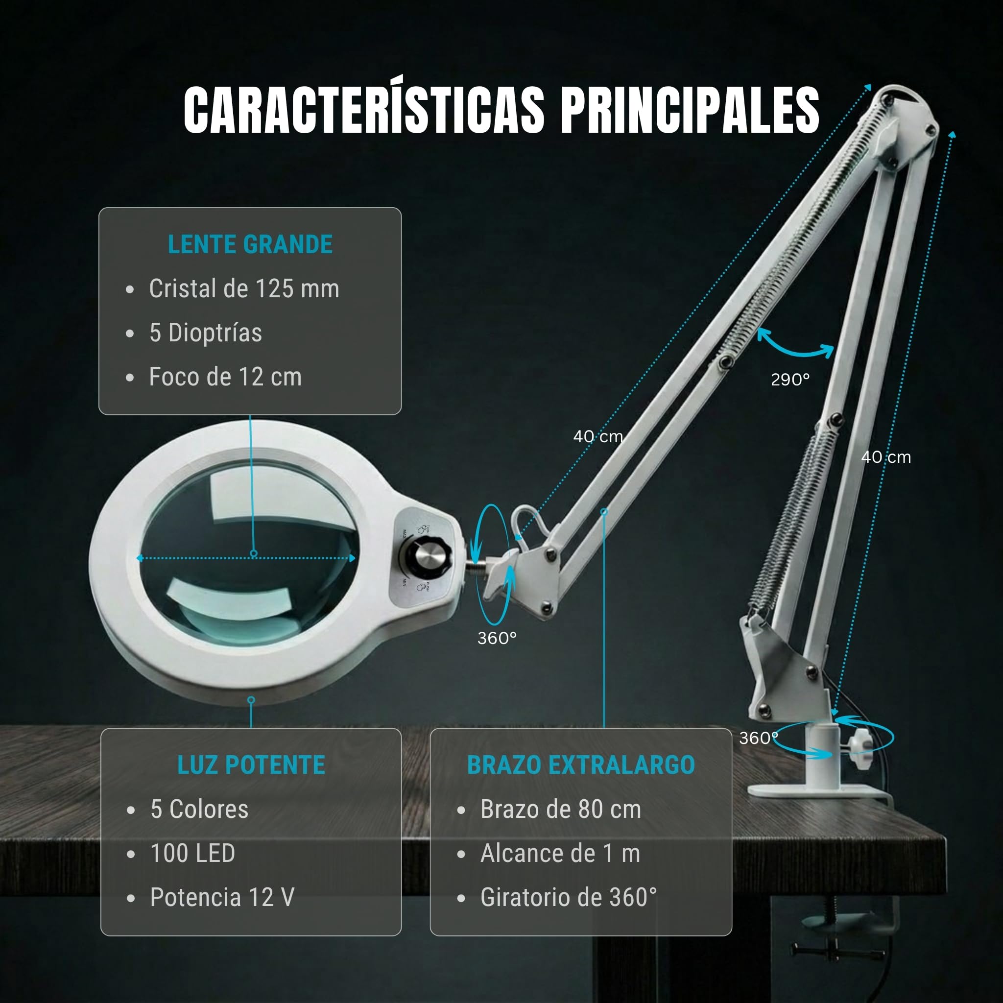 Lámpara Lupa con Pinza de Sujeción, Gran Lente de Cristal 5D | Lente de 12,5 cm, 100 LED, 5 colores, brazo 1 m, fuente 12V, mordaza 6,4 cm, estética, lectura, trabajo de detalle